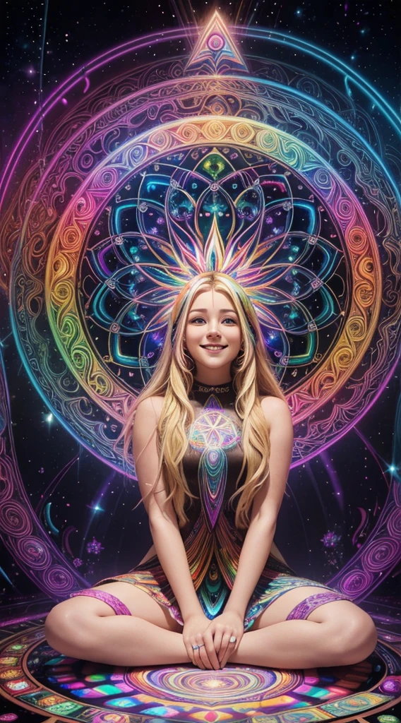 ((Psychedelic)) young woman with blond hair with black roots parted down the center, sitting in a ring of magic mushrooms,(prismatic) looking up at sacred geometric shapes twirling around her,( best quality) 4K, colorful tree of life behind her, (trippy) rays of multicolored light shining down on her, smiling with sparkles in her eyes.