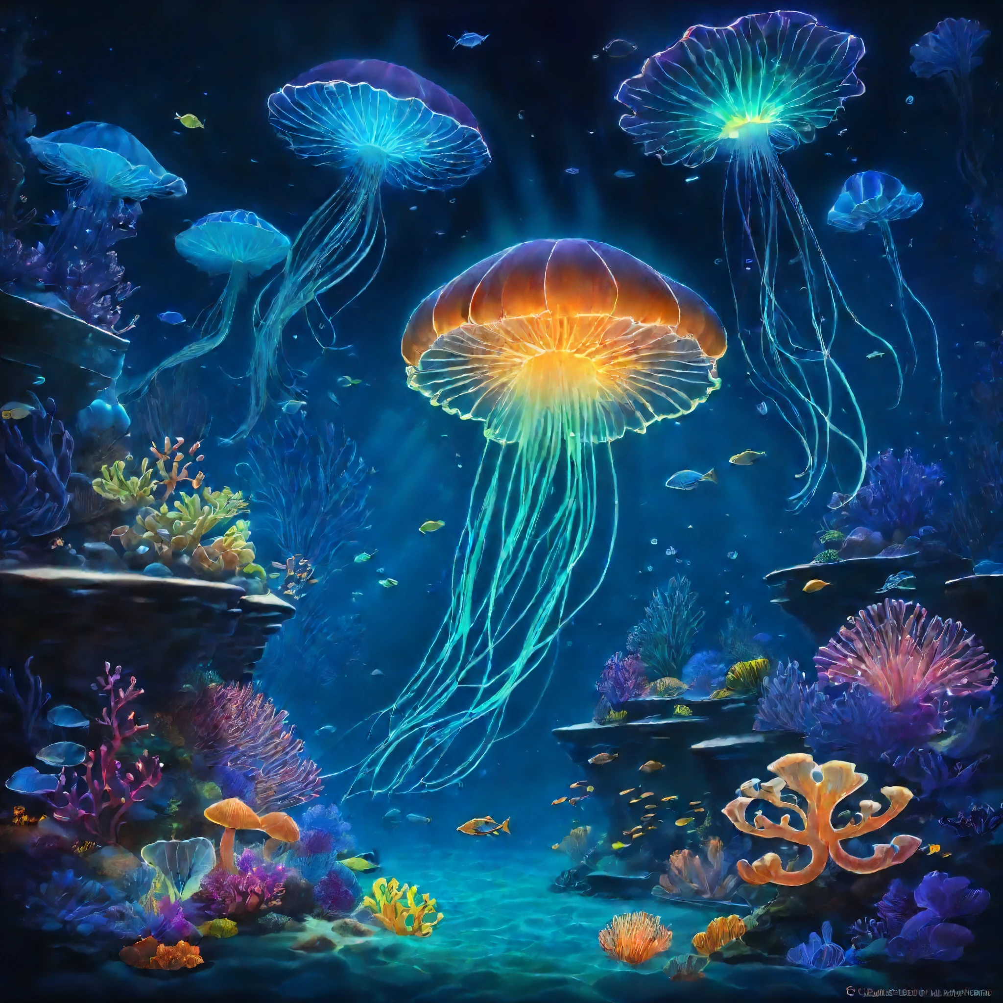 Bioluminescence, underwater, vibrant colors, luminescent creatures, glowing plants, deep-sea creatures, shimmering light, enchanting glow, phosphorescent, magical ambiance, dark abyss, ethereal surrealism, underwater ecosystem, bioluminescent plankton, glowing jellyfish, softly illuminated coral reefs, mesmerizing light patterns, otherworldly beauty, mysterious depths, soft blue hues, radiant sea, nocturnal shimmer, phosphorescent organisms, mesmerizing dance of light, glowing tendrils, underwater fireworks, glowing mushrooms, flickering glow, underwater night sky, shimmering reflection, bioluminescent algae, luminous underwater world, glowing trails, gentle glow, mystical underwater creatures, radiant bioluminescent show, eerie underwater ambiance, luminescent deep-sea plants, sparkling bioluminescence, underwater enchantment, ethereal glow.