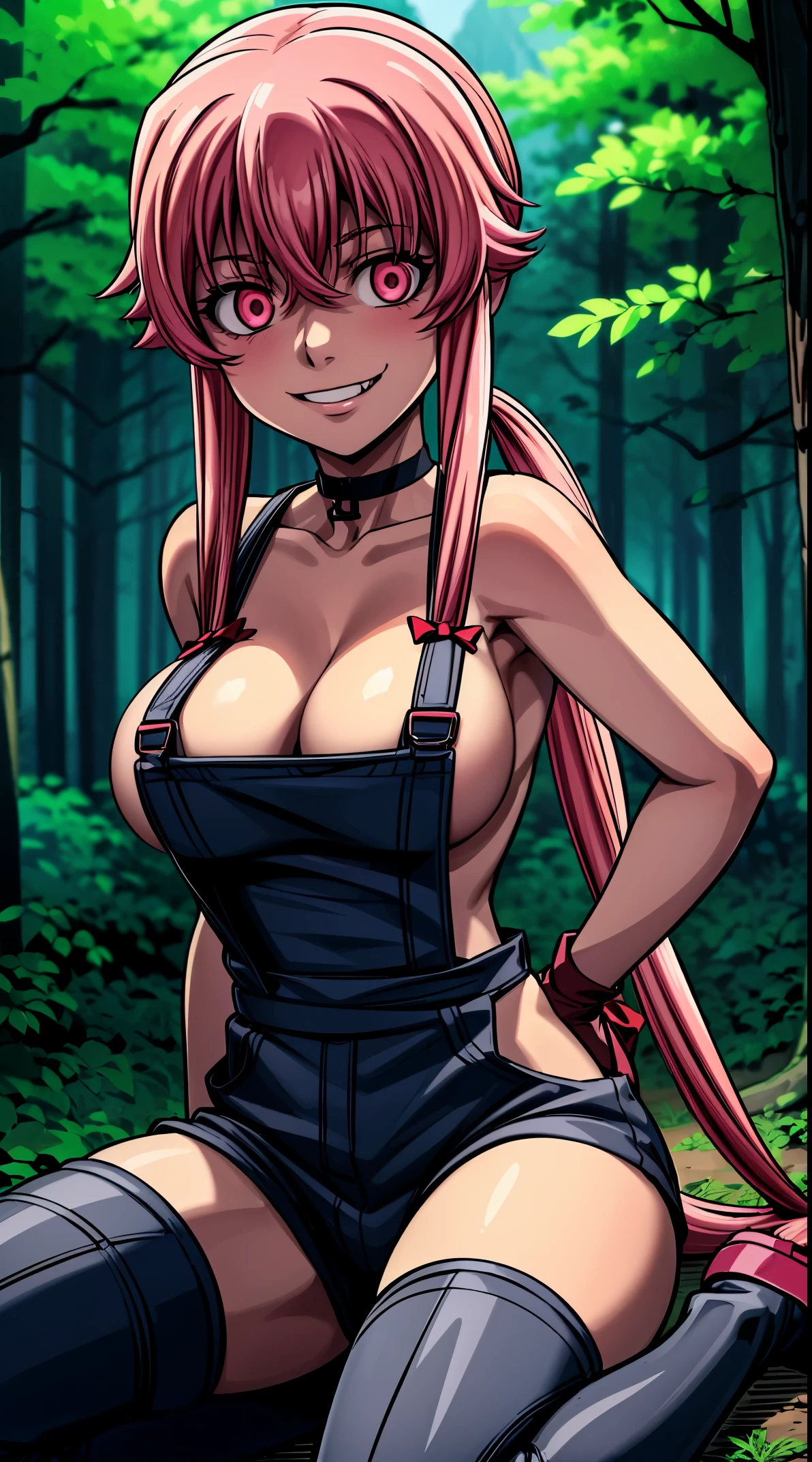 anime_still, masterpiece, best quality, 1girl, Gasai Yuno, long hair, pink hair, low twintails, smile, naked, red eyes, (large breasts:1.5),1girl, black choker, dark grey, (overalls:1.25), leather gloves, black boots, ((nigth:1.5)), (chasing you through the woods BY yuno gasai), moonlight, blood on floor, horror scane, (evil smile:1.4), (evil eyes:1.6), (horror_movies:1.5), (woods:1.6),(dark:1.7), (out_boors), blood on hands,blood stain