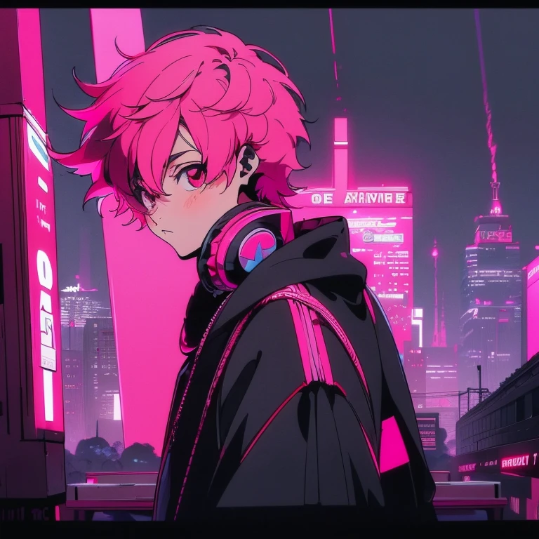 (short-cut), (Two-block hair), (vivid pink hair), (male character), (Red Eyes), (Cool pose), (of the highest quality), (masterpiece), (ultra-detailliert), (Oversized hoodies), (Street), (neons), (Camera from a down angle), (Modern City), (neonsデイライト), (Cinematic), (Stylish), (hight resolution), (Hyper Detailed), (Looking at the camera), (Anime-style), (Softtown), (nightcore), (a handsome man), (Listening to music through headphones), (natural appearance of the building), (casual), (ig studios anime style), (Super beautiful angle of view),
