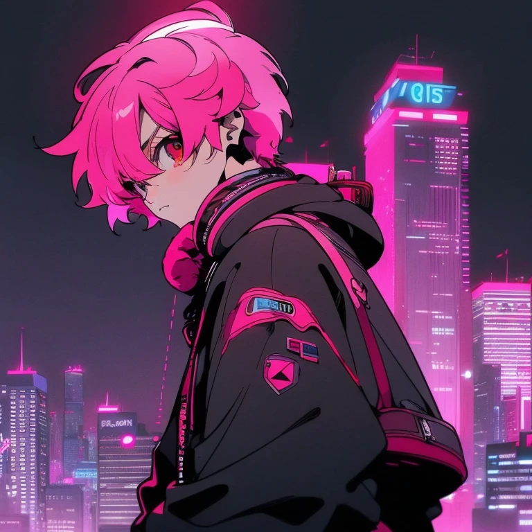 (short-cut), (Two-block hair), (vivid pink hair), (male character), (Red Eyes), (Cool pose), (of the highest quality), (​masterpiece), (ultra-detailliert), (Oversized hoodies), (Street), (neons), (Camera from a down angle), (Modern City), (neonsデイライト), (Cinematic), (Stylish), (hight resolution), (Hyper Detailed), (Looking at the camera), (Anime-style), (Softtown), (nightcore), (a handsome man), (Listening to music through headphones), (natural appearance of the building), (casual), (ig studios anime style), (Super beautiful angle of view),