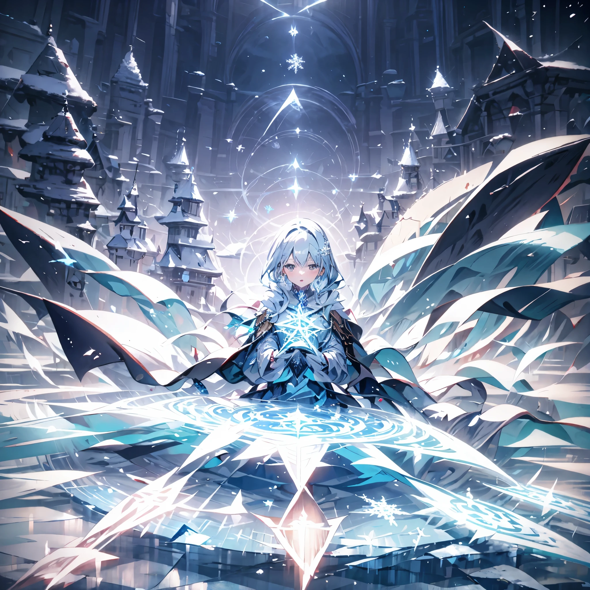 Highest image quality、clear picture quality、1 penguin、 A WORLD、Frozen trees、Castle of Glory、 magiaの、Scattered debris 、Snowflake、Frozen buildings、snow field、magia