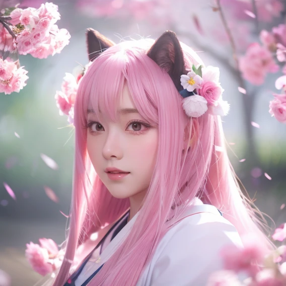 9 snow-white fox tails (1.0), Milky foxtail (1.0), Close-up of the nine-tailed fox, Ninetail, Ninetail, japanes, Anime girl with pink hair and flowers in pink dress, very Beautiful anime fox girl, Beautiful anime fox girl, Beautiful fantasy live-action, guweiz, Anime girl with fox ears, Beautiful live-action girl, Very beautiful and cute fox girl, Rain of pink flowers, Background blur, anime style 4 k, Fantasy Artwork, 4K, Live-action work
