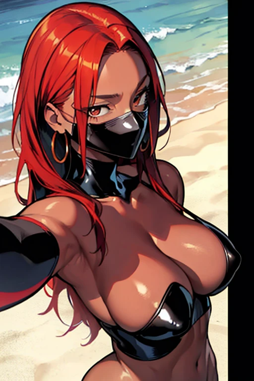 (masterpiece:1.2, best quality), 1lady, solo, upper body, huge breasts, (latex skin, selfie:1.15), (face focus:1.2), completely nude, breasts and vagina exposed,(darkskin:1.15), beach, (red hair, longhair), round earrings,