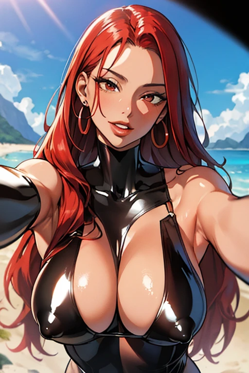 (masterpiece:1.2, best quality), 1lady, solo, upper body, huge breasts, (latex skin, selfie:1.15), (face focus:1.2), completely nude, breasts and vagina exposed,(darkskin:1.15), beach, (red hair, longhair), round earrings,