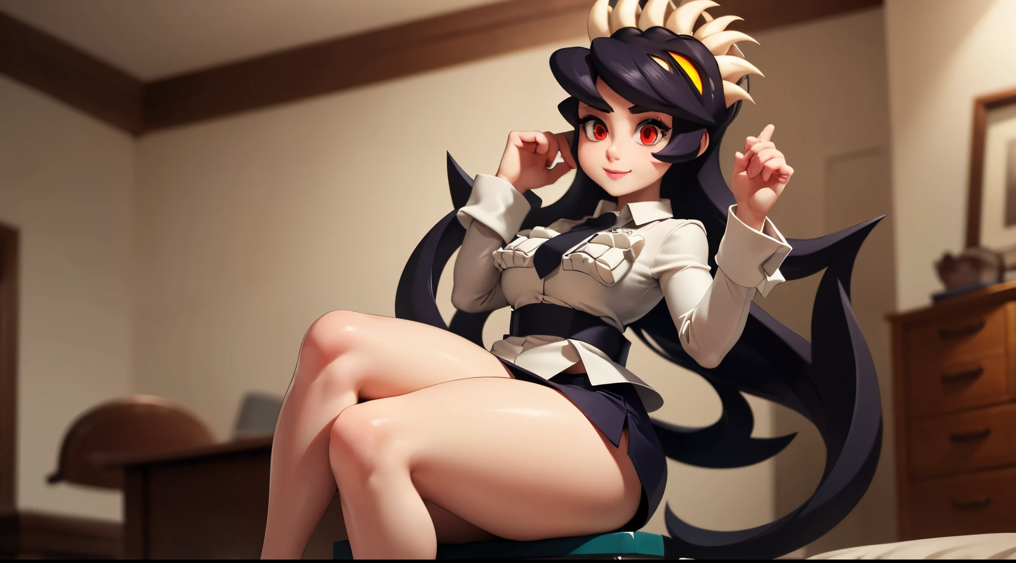 Filia, only one girl, one face, long hair, big and beautiful eyes, anatomically correct eyes, red pupil, feminine lips, smiling, big breasts, wide hips, small waist, big ass, sensual body, beautiful body, anatomically correct body, long legs, big thighs, feminine and beautiful hands, very detailed image, very detailed body, very detailed eyes, very detailed hands, anatomically correct hands, white shirt, white shirt pockets on her breasts, black buttons on the shirt pockets, tiny black tie, black short skirt, black socks, brown shoes, very detailed background, masterpiece, artwork, detailed, cute