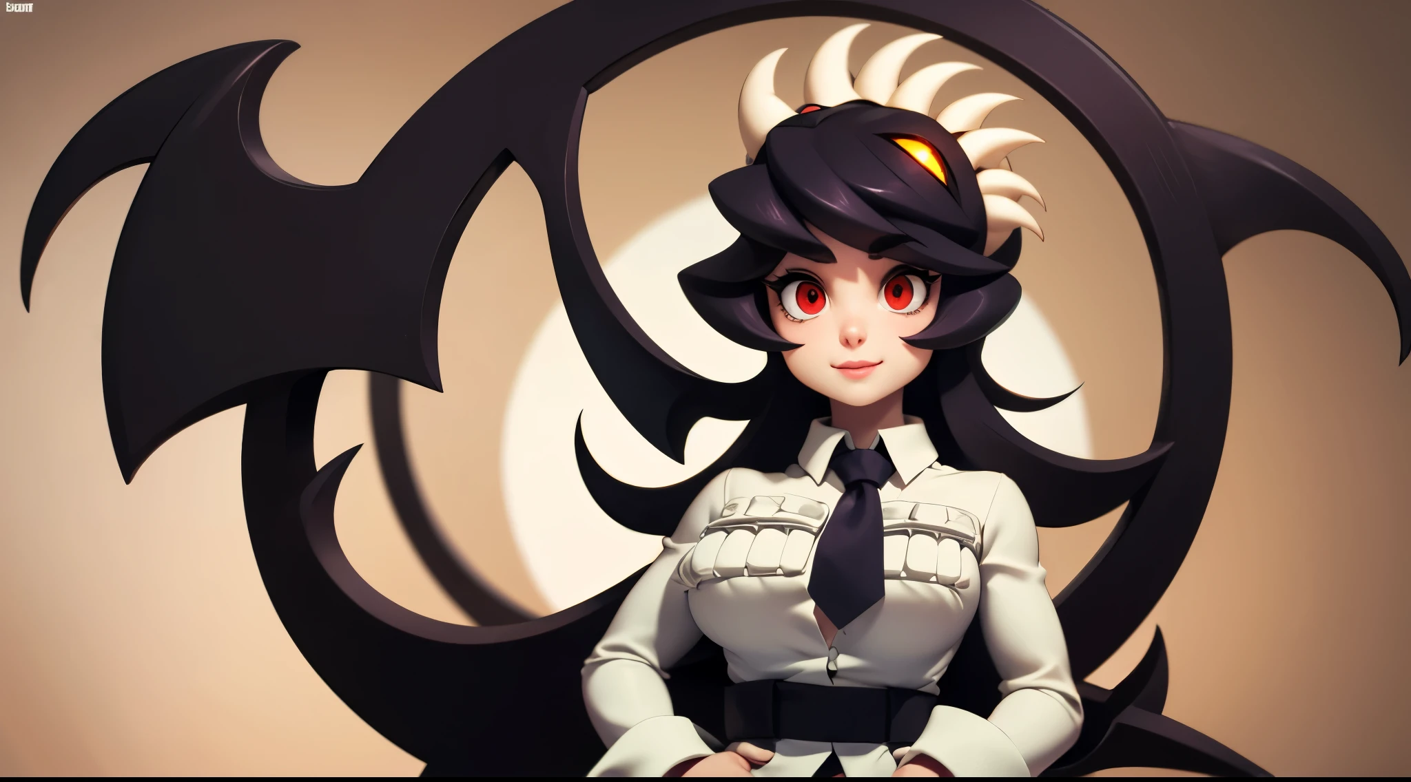 Filia, only one girl, one face, long hair, big and beautiful eyes, anatomically correct eyes, red pupil, feminine lips, smiling, big breasts, wide hips, small waist, big ass, sensual body, beautiful body, anatomically correct body, long legs, big thighs, feminine and beautiful hands, very detailed image, very detailed body, very detailed eyes, very detailed hands, anatomically correct hands, white shirt, white shirt pockets on her breasts, black buttons on the shirt pockets, tiny black tie, black short skirt, black socks, brown shoes, very detailed background, masterpiece, artwork, detailed, cute