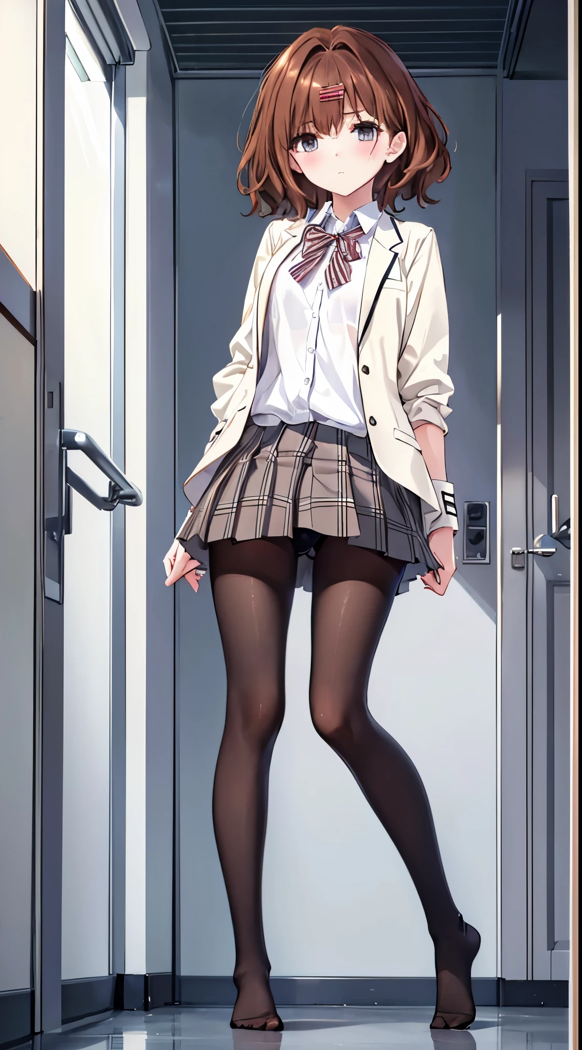 Finest, masterpiece, high definition, (full body), frontal, symmetrical, mature high school girl, solo, (full body from head to toe), small breasts, long hair, slightly messy hair, (black tights), ( (black pantyhose), black pantyhose, composition showing white panties, slender beautiful legs, a very beautiful -yeld gi(not wearing shoes) legs), blushing, shy big eyes, (short (brown hair)), (bangs), messy hair, (hair clip), looking at camera, showing white panties, white frilly lingerie, high school uniform blazer, high school uniform White blouse, high school uniform with blue ribbon, high school uniform with short plaid pattern and navy pleated skirt