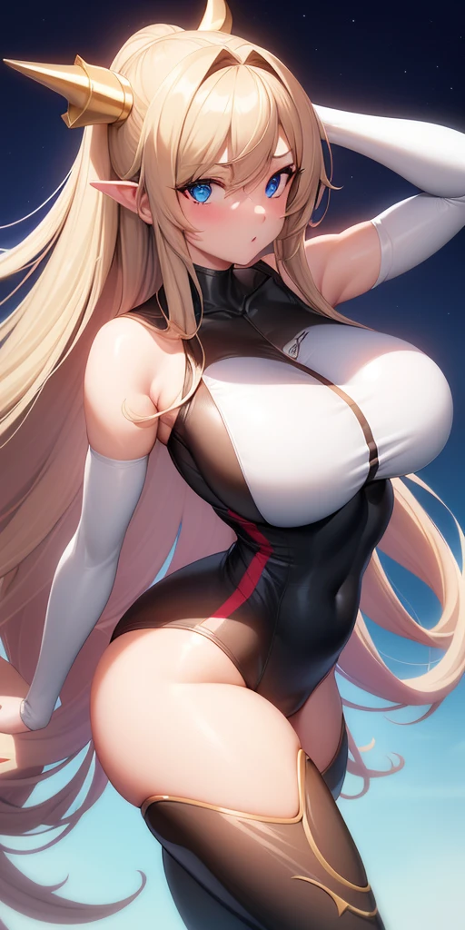 Create a beautiful girl with big breasts, blue eyes and long light brown hair wearing a tight-fitting jumpsuit with white and red stripes and an Autobots-style dragon symbol. (obra-prima: 1.2, melhor qualidade), (olhos bonitos finamente detalhados: 1.2), uma com um rabo de cavalo