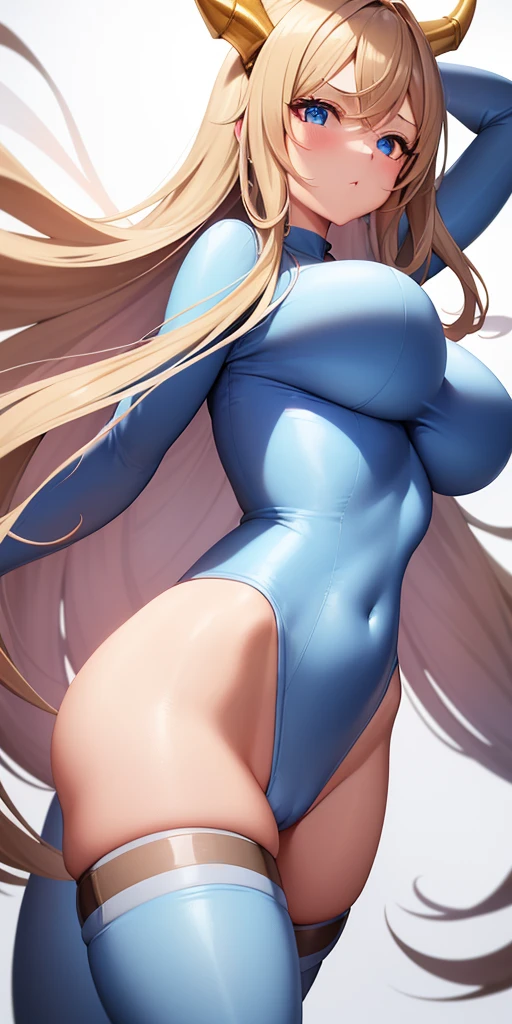Create a beautiful girl with big breasts, blue eyes and long light brown hair wearing a tight-fitting jumpsuit with white and red stripes and an Autobots-style dragon symbol. (obra-prima: 1.2, melhor qualidade), (olhos bonitos finamente detalhados: 1.2), uma com um rabo de cavalo