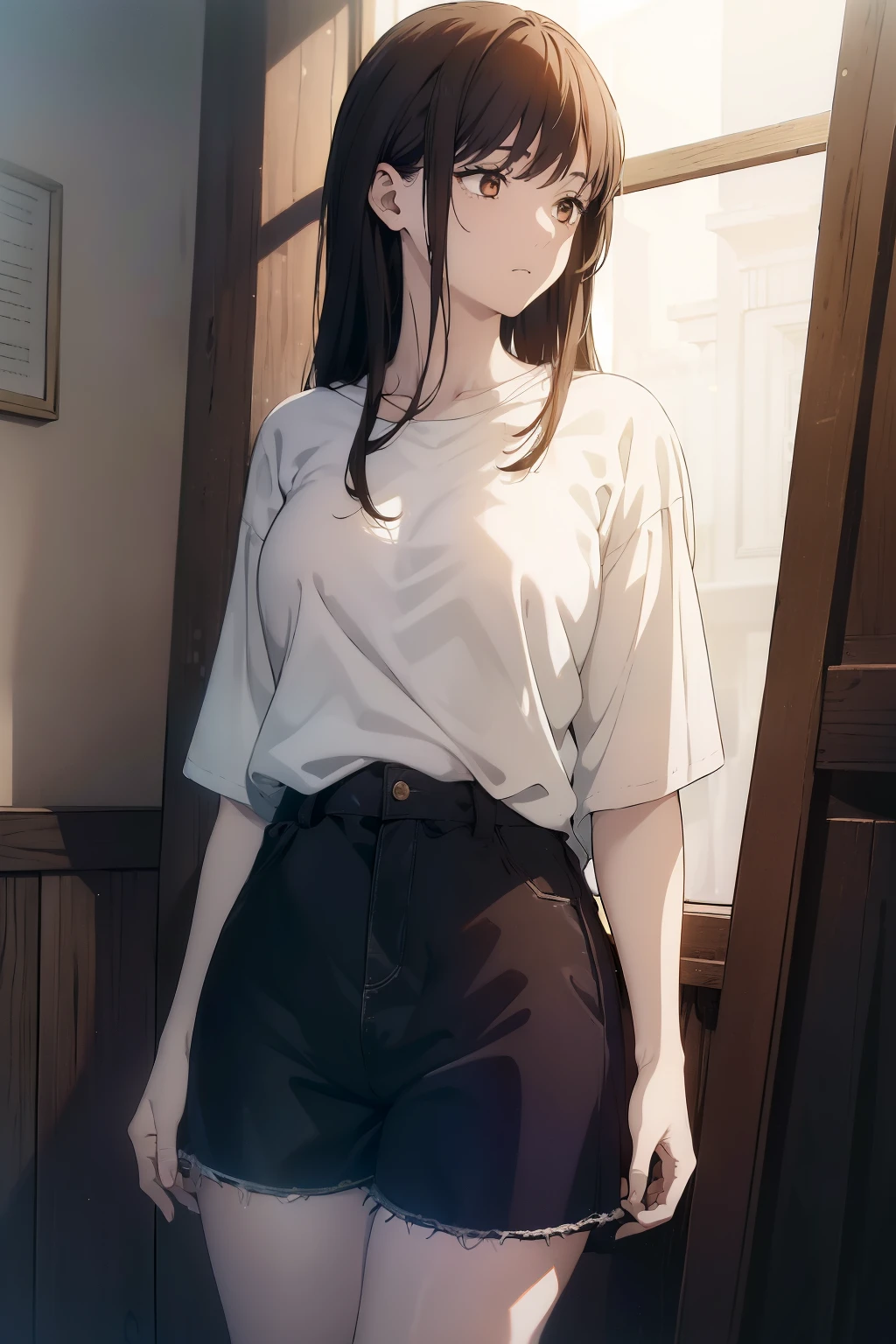 ((((Obra maestra, La mejor calidad, ultrahigh resolution)))), 1girl, standing, (baggy white t-shirt, loose fitting blue shorts, long back hair, long dark black hair, pale skin, ((shining brown eyes)), ((ultra detailed eyes:1, beautiful and detailed face, detailed eyes:0.5))