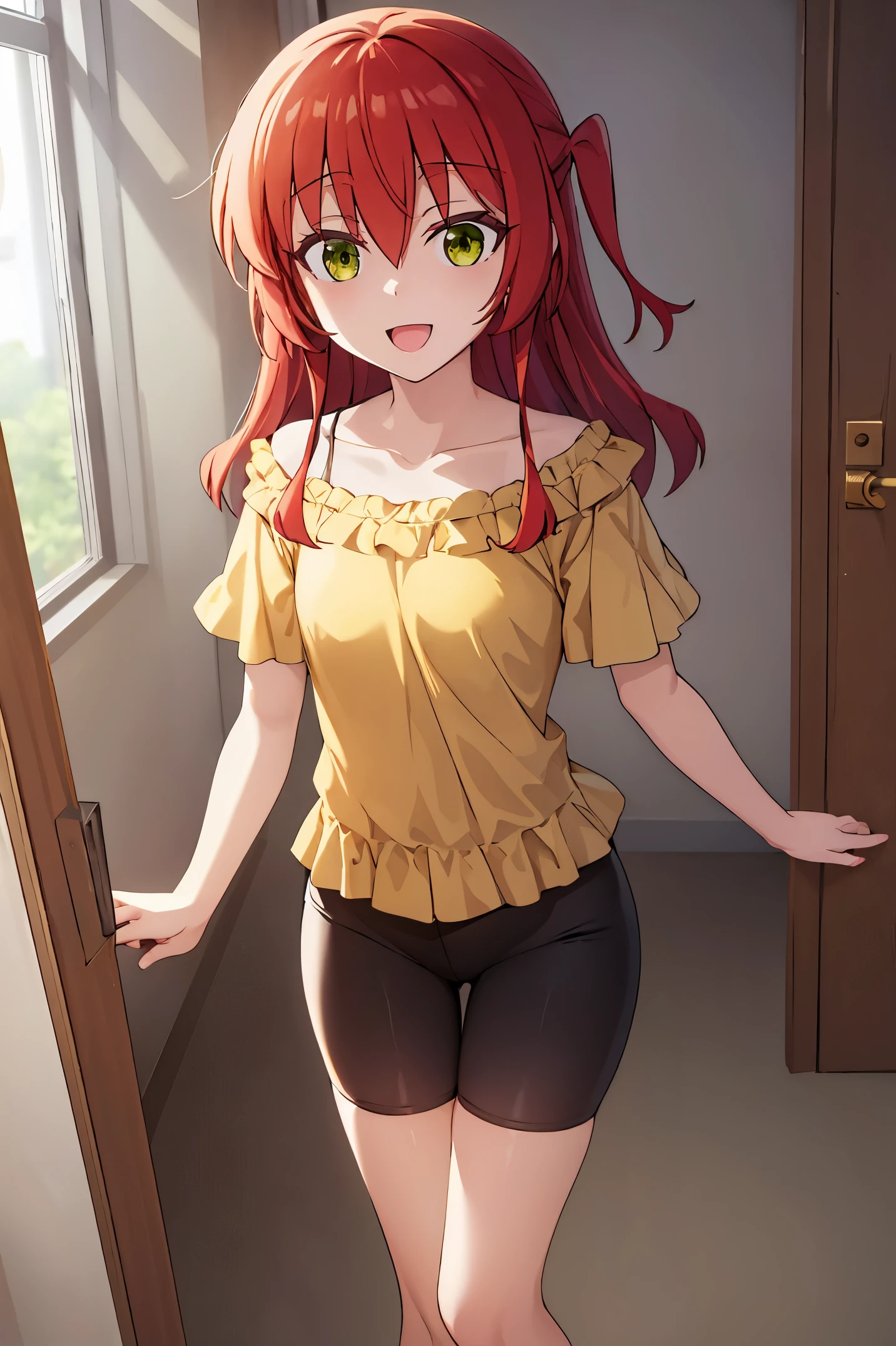 Room, 1 girl, best quality, ultra high res, long hair, red hair, green eyes, looking at viewers, small breast, standing, pov, slim body, li body, small body, smile, open mouth, yellow shirt, collarbone, short sleeves, bike shorts,