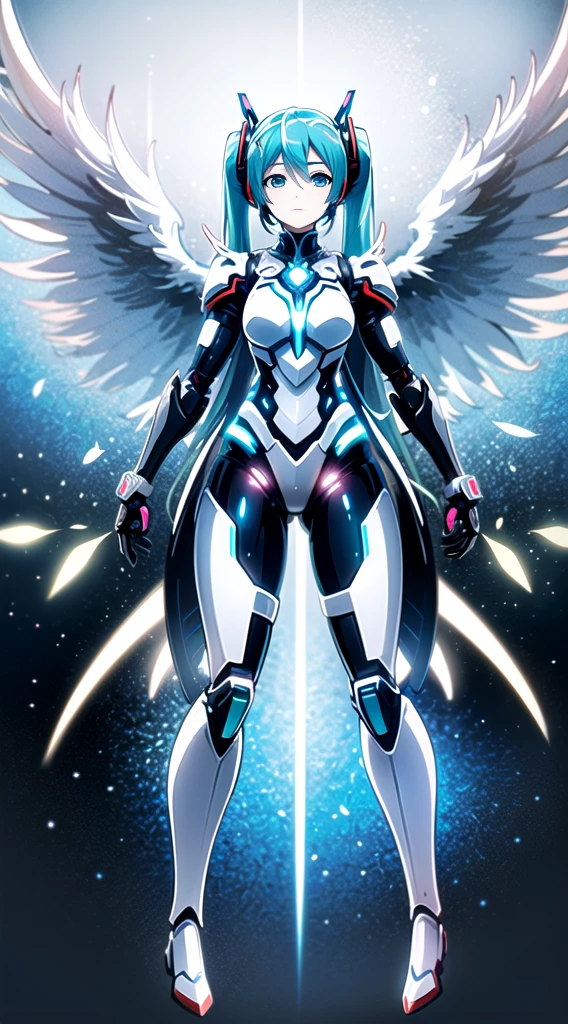 ((((masterpiece, high quality, very_high_resolution, anime colored, Elaborate design, visual art, high quality)))), (((hatunemiku VOCALOID))), twintail, turquoise hair, mecha, 1girl, cyberpunk, realistic, mechanical parts, ((((Angel wings)))), powerd suit, robot joints, headgear, full armor, Limb is a machine, shoulder armor, high heels, armor color((((white)))),4KHD fly in the air, Background is space, (high detail), (high quality), (anime illustration)