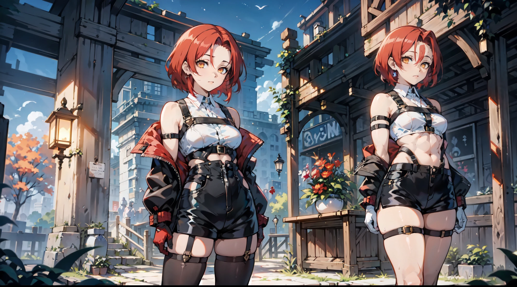 1girl, young woman, solo, short hair, Small  hair, (forehead:1.2), yellow eyes, (scarlet red hair), Athletic, muscular, medium breasts, (cropped jacket, black jacket), white shirt, collared shirt, (chest harness, shoulder strap:1.15), black leather shorts, pantyhose 7/8, garter belt, gloves, elegant, looking at viewer, standing, night,  masterpiece, best quality, 4k