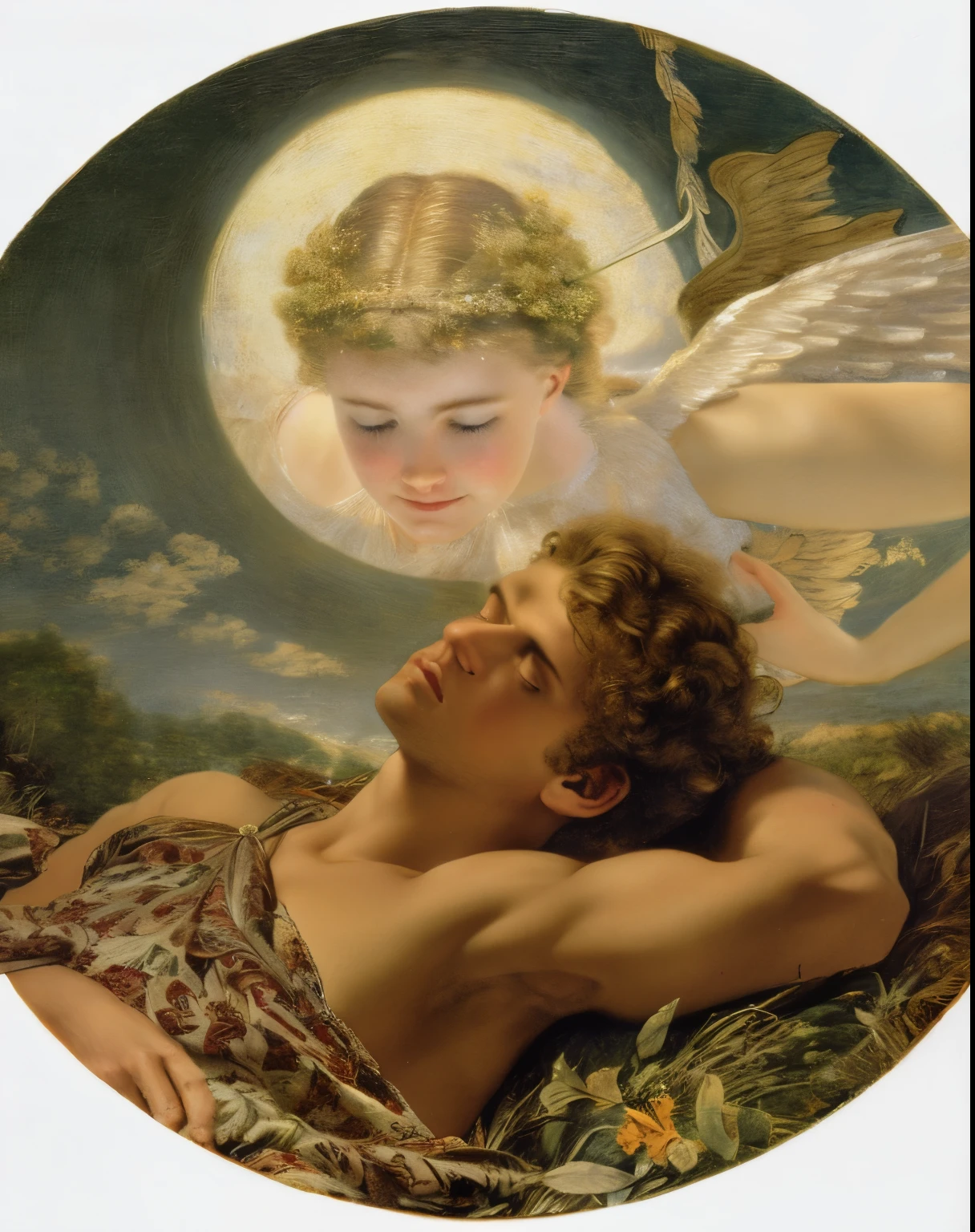 painting of a man lying on a grassy floor with an angel above him, Directed by: Louis Janmot, Ledmund Leighton, Directed by: Sophie Anderson, por Ford Madox Brown, Eduardo Hughes, Directed by: Alexandre Cabanel, Directed by: Frederick Lord Leighton, eros and thanatos, Artemisa, Directed by: Frederic Leighton, Directed by: Théodore Chassériau