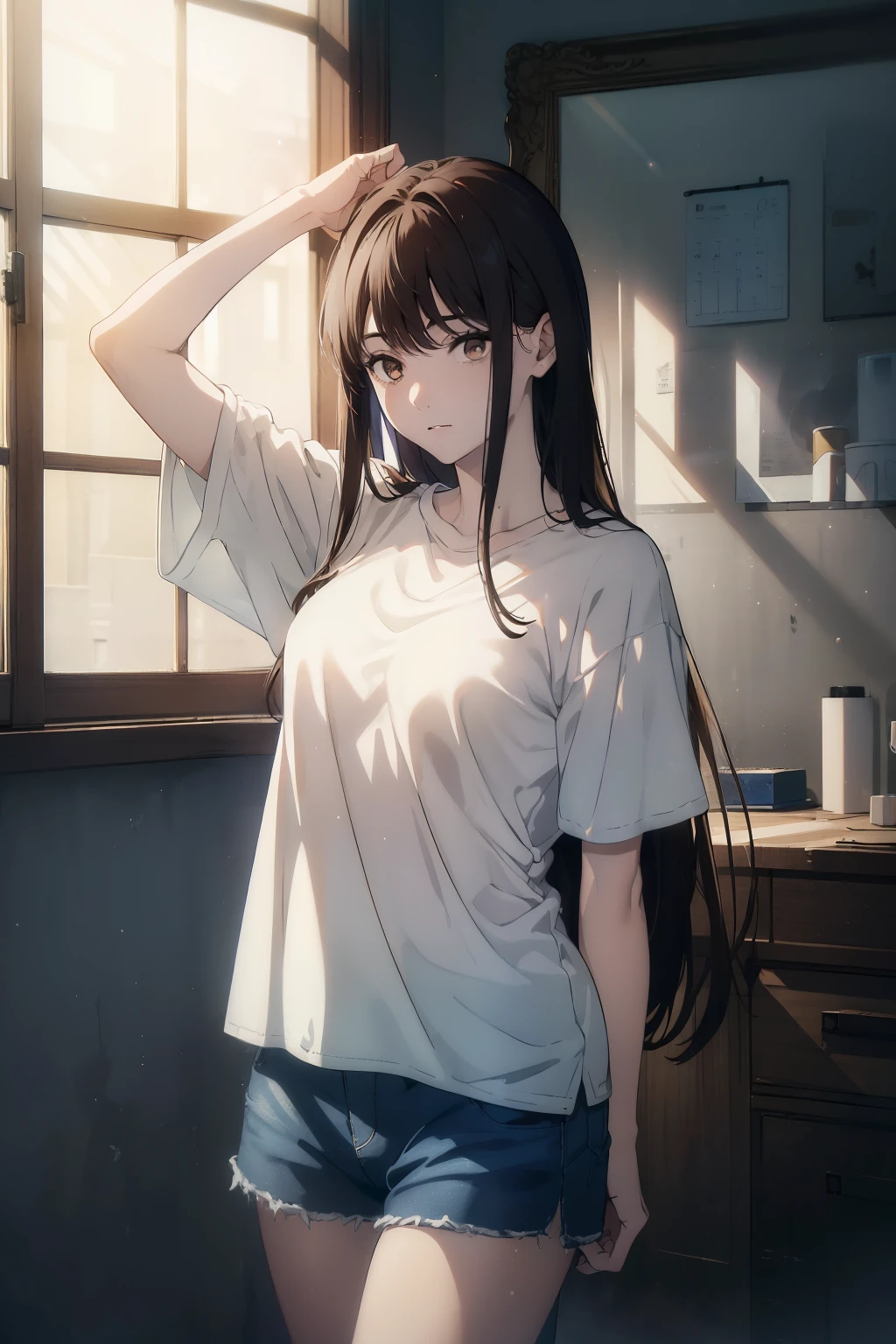 ((((Obra maestra, La mejor calidad, ultrahigh resolution)))), 1girl, standing, (baggy white t-shirt, loose fitting blue shorts), long back hair, long dark black hair, pale skin, ((shining brown eyes)), ((ultra detailed eyes:1, beautiful and detailed face, detailed eyes:0.5))