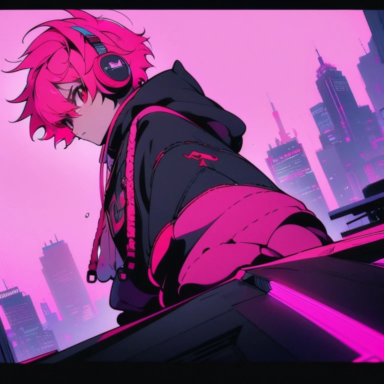 (short-cut), (Two-block hair), (vivid pink hair), (Red Eyes), (Cool pose), (of the highest quality), (masterpiece), (ultra-detailliert), (Oversized hoodies), (Street), (neons), (Camera from a down angle), (Modern City), (neonsデイライト), (Cinematic), (Stylish), (hight resolution), (Hyper Detailed), (Looking at the camera), (Anime-style), (Softtown), (nightcore), (Handsome male character), (Listening to music through headphones), (natural appearance of the building), (casual), (ig studios anime style), (Super beautiful angle of view),