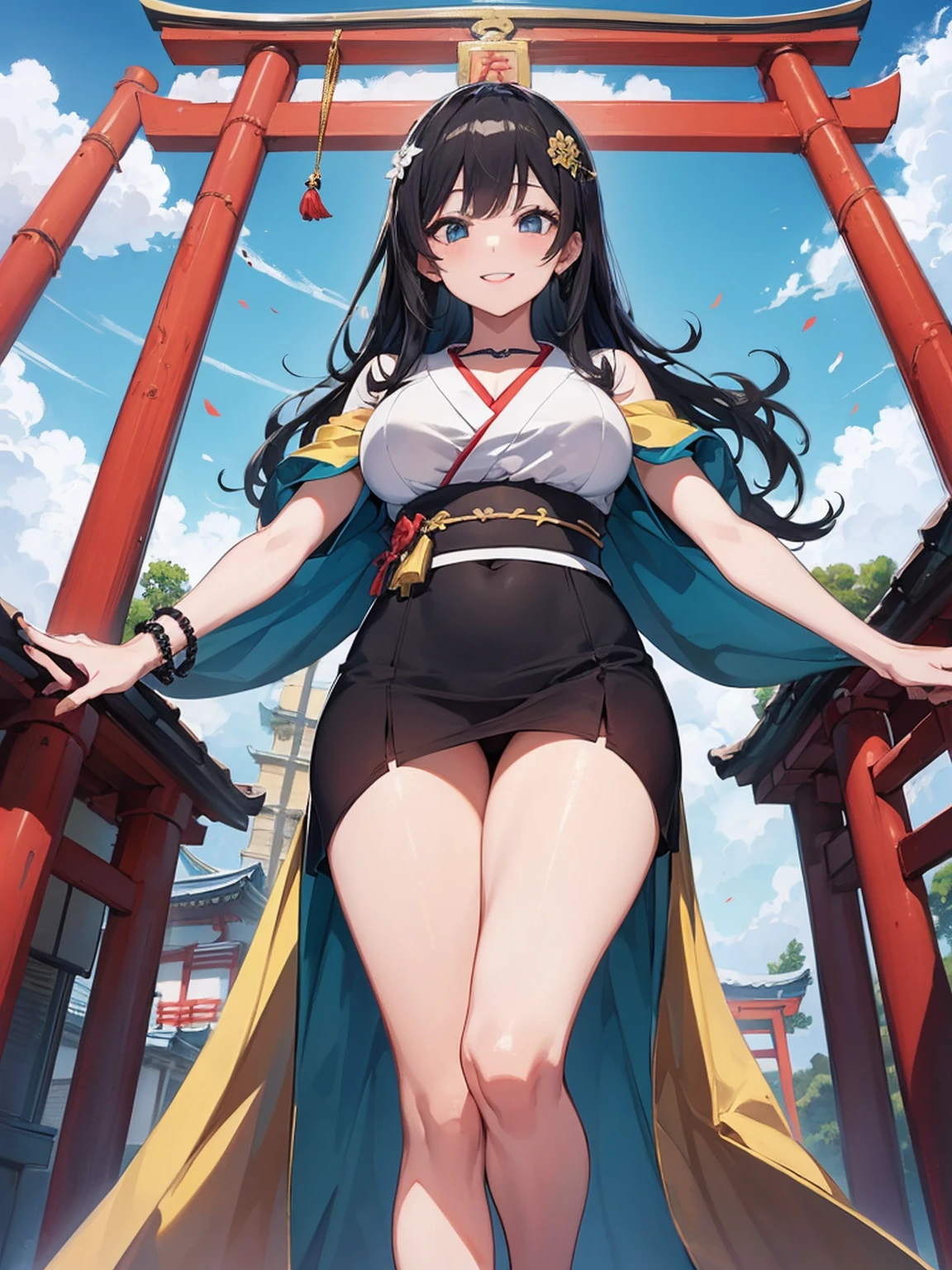 ((masutepiece)), ((best quality)), (ultra-detalhado), ((kawaii)), Cuovemente), ((sexy)), (Foi), ((extremamente detalhado)), 4k, (8k), best quality, (Beautiful), illustration, estilo anime, Pintura, Dynamic angle, corpo inteiro, Esbian de corpo inteiro, Angle looking up from below, (Japan Shrine), Sente-se no recinto, Abra as pernas, gradation, foco de corpo inteiro, Dim Sanctuary, fofa s, 1girl em, sozinho, Maiden Shrine, Beautiful colored eyeeautiful eyes)), de pele branca, Penteados selecionados aleatoriamente, Glutes, Large breasts that are about to burst, Sorriso, sorriso, (corar), efeito espumante, Reflexo da lente, brilhante-cintilante, Brilhando