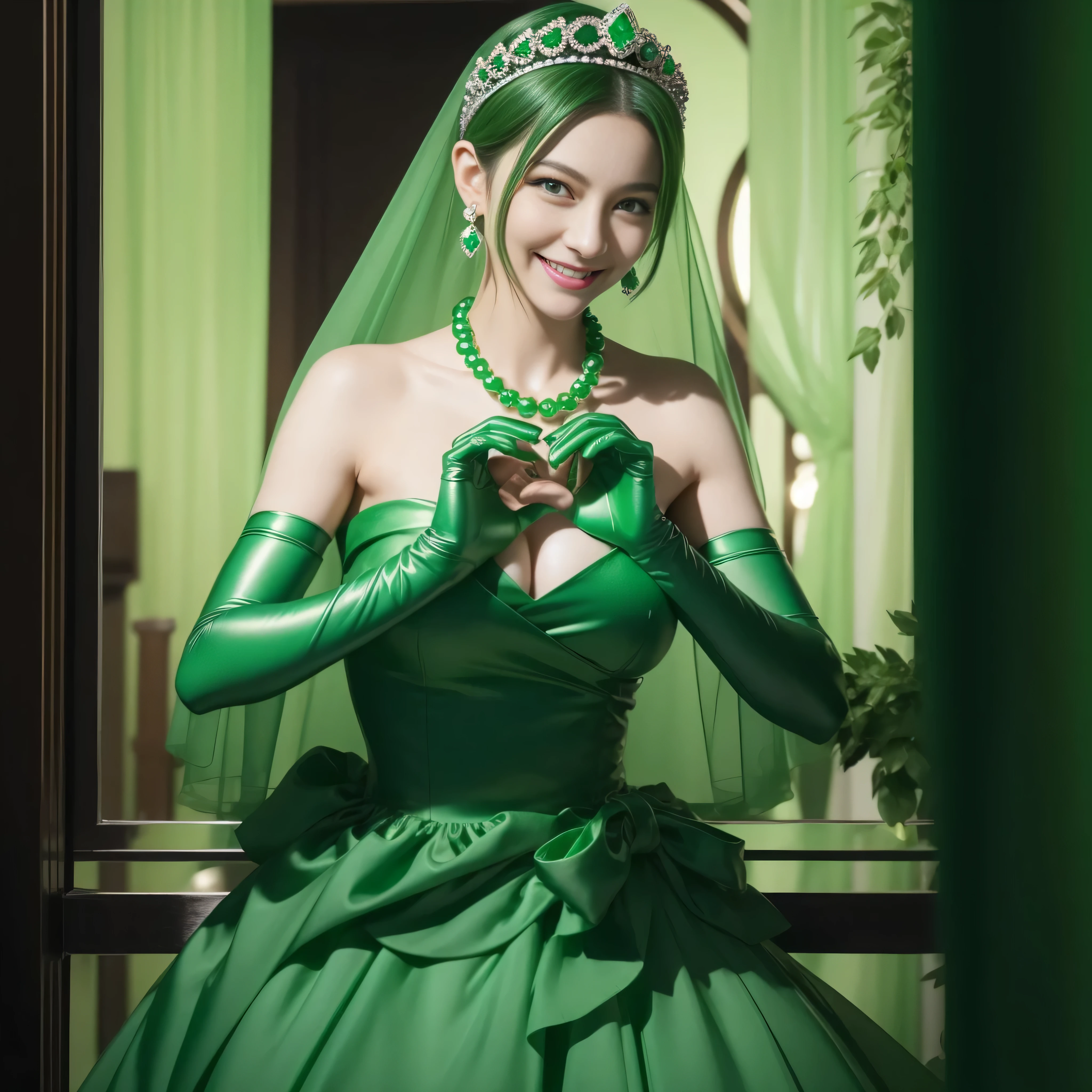 emerald tiara, Green Pearl Necklace, Boyish very short green hair, lipsticks, Japan woman smiling, very short short hair, big breasts beautiful, Green eyes, Long green gloves made of satin material, Green eyes, Emerald Earrings, green vale, 両Heart in the hand, Heart in the hand