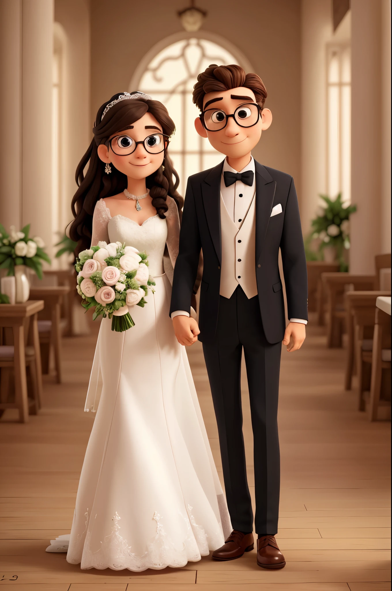 Wedding couple inspired by pixar up, HD , 8k, standing in front of beautiful forest, bride is slightly chunky, bride wearing long sleeve wedding dress, dress covers shoulders, bride has extra long black hair, bride has nothing in hair , bride wearing round pink glasses , bride holding flower bouquet , groom is slightly chunky, groom has light brown hair, groom wearing browline glasses , groom wearing black tuxedo with bow tie