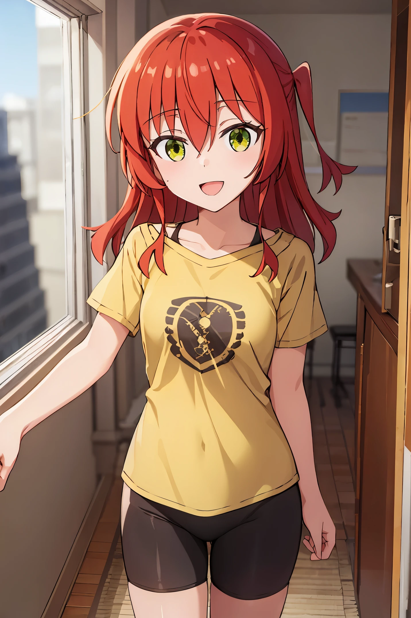 Room, 1 girl, best quality, ultra high res, long hair, red hair, green eyes, looking at viewers, small breast, standing, pov, slim body, loli body, small body, smile, open mouth, yellow shirt, short sleeves, bike shorts,