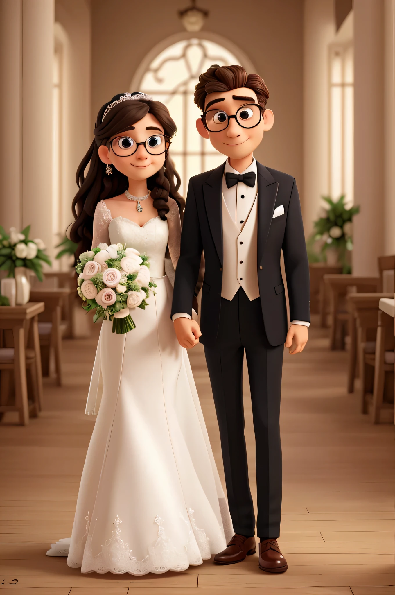 Wedding couple inspired by pixar up, HD , 8k, standing in front of beautiful forest, bride is slightly chunky, bride wearing long sleeve wedding dress, dress covers shoulders, bride has extra long black hair, bride has nothing in hair , bride wearing round pink glasses , bride holding flower bouquet , groom is slightly chunky, groom has light brown hair, groom wearing browline glasses , groom wearing black tuxedo with bow tie