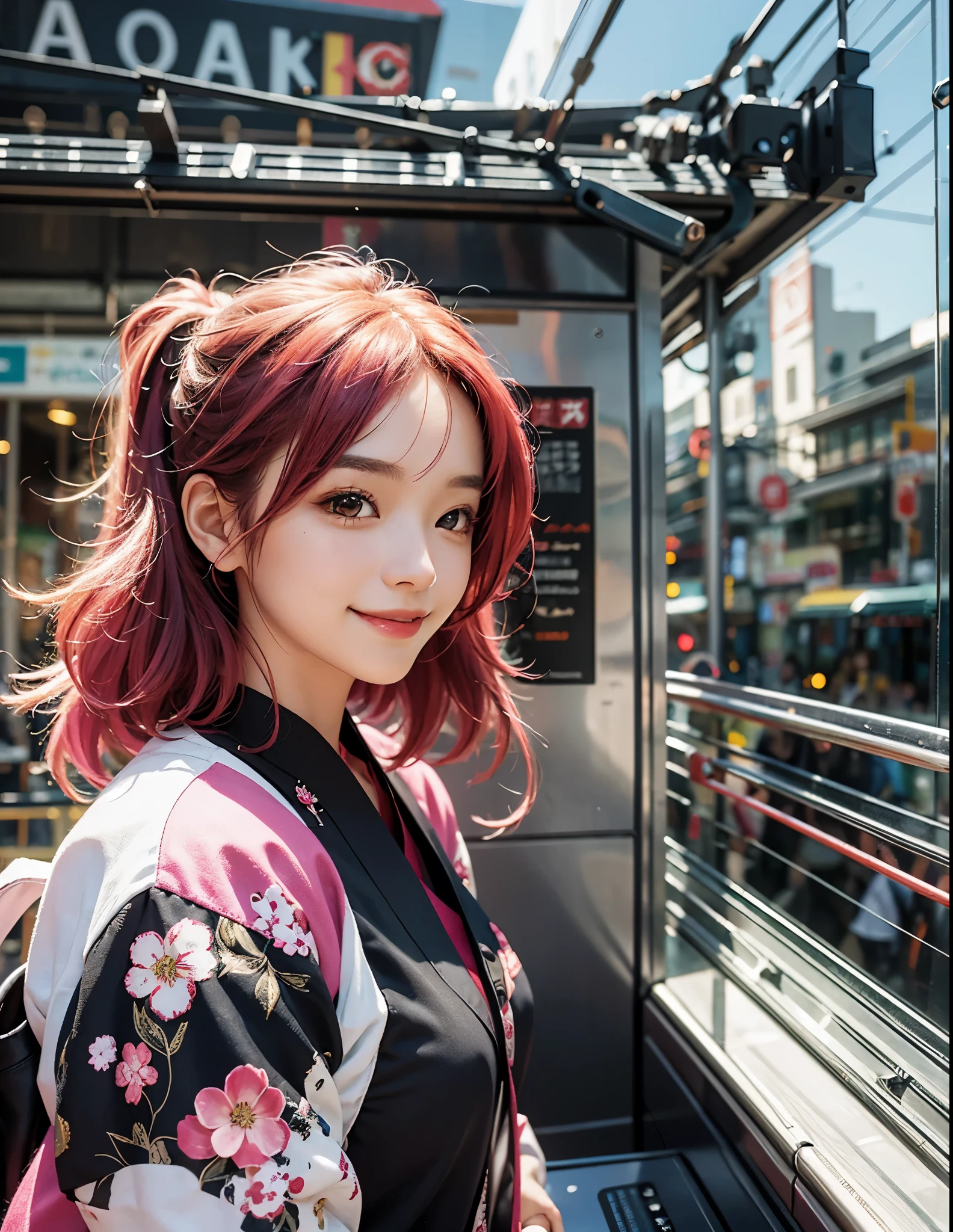 (Aesthetics and atmosphere:1.2),Beautiful woman smiling、8K、An ultra-high picture quality、japanes、2 women around 20 years old、pinkhair、Smiling、((白い歯でSmiling))、I&#39;m on the platform opposite the station、Waving to viewers、Cute smile、