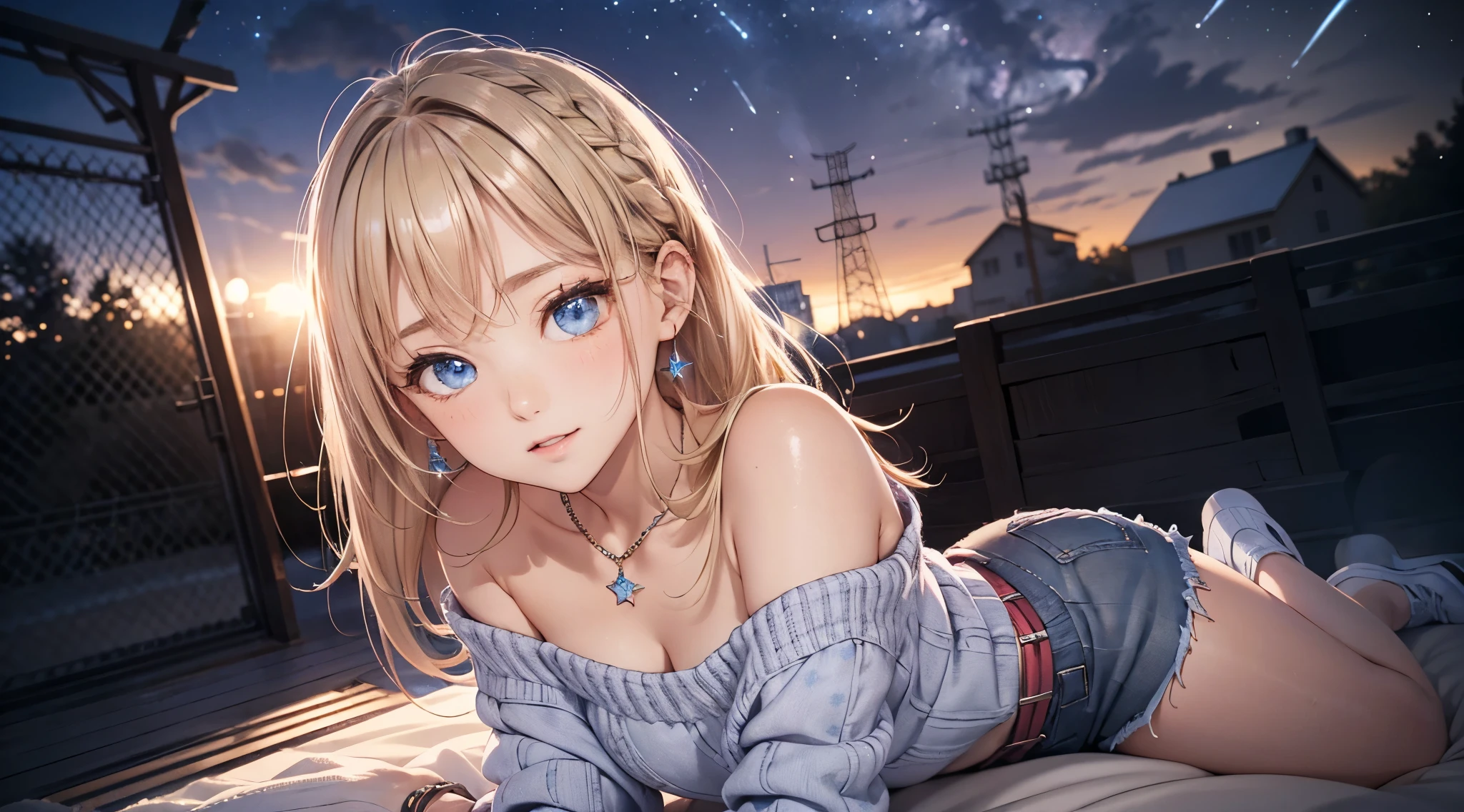 fullnude, Full length image of a girl, absurderes, ultra-detailliert,bright colour,(At 8K:1.3),masuter piece,extremely beautiful detailed face and eyes, veryskimpy clothes, full-length photo of a girl,(Deep Blue Eyes:1.2),(Loose Size Pink Argyle Knit:1.4),(Short denim:1.2),Cute smile、Synchrosis Necklace、Stylish bracelets,Inside the boutique,(Full body:1.2) X-Hair,Aurora、city light、constellation、Crescent,intergalactic,lamp post, Particles of light, milkyway, natta, nigh sky, outside of house, planetes, Power lines, shooting stars, Skysky, Skyscraper, 独奏、Stargazing,Star_\(skyporn\)、starrysky、Winters、(Smooth straight blonde hair:1.3), (Shiny hair:1.2), Delicate beautiful face, red blush、