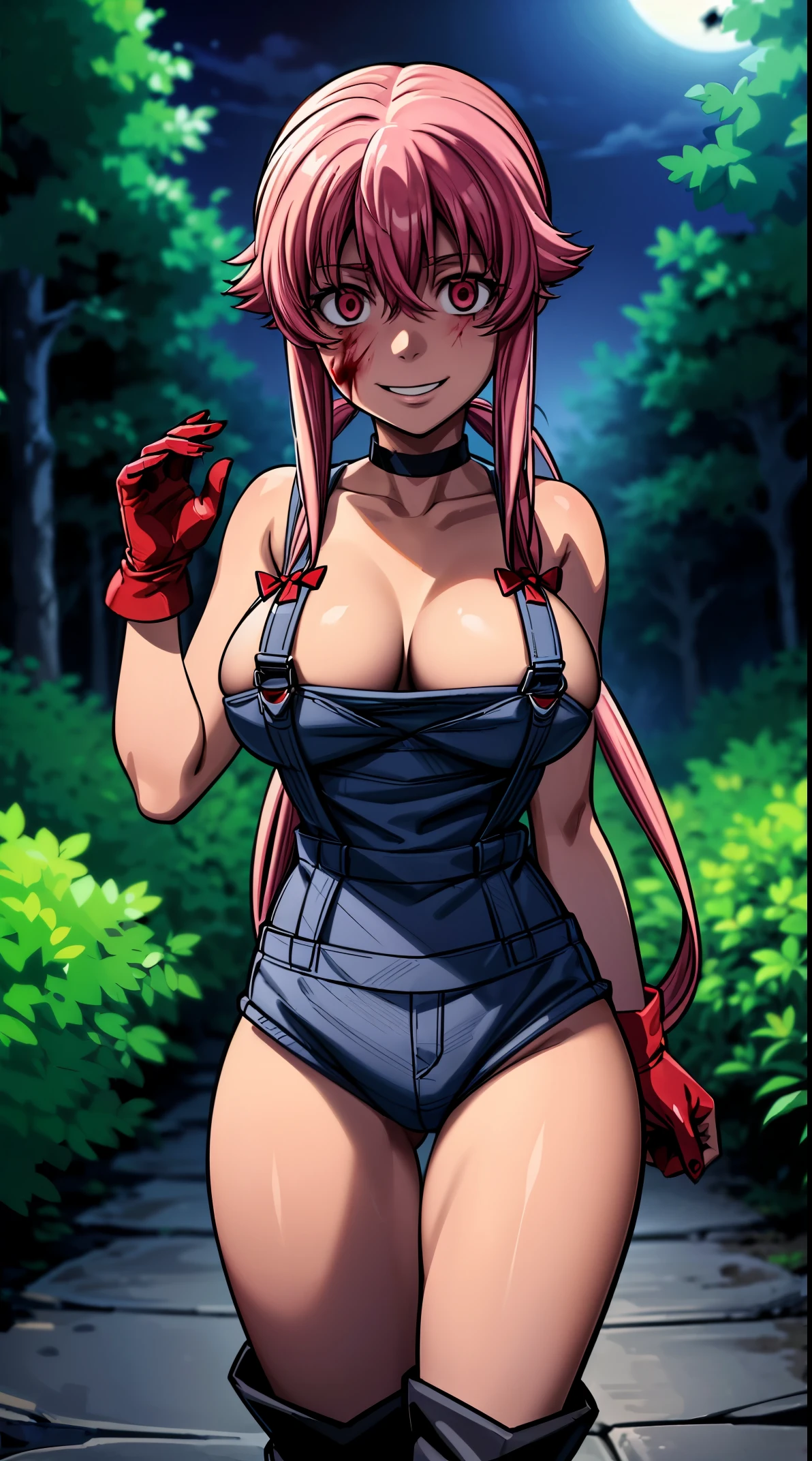 anime_still, masterpiece, best quality, 1girl, Gasai Yuno, long hair, pink hair, low twintails, smile, naked, red eyes, (large breasts:1.5),1girl, black choker, dark grey, (overalls:1.25), leather gloves, black boots, ((nigth:1.5)), (chasing you through the woods BY yuno gasai), moonlight, blood on floor, horror scane, (evil smile:1.4), (evil eyes:1.6), (horror_movies:1.5), (woods:1.6),(dark:1.7), (out_boors), (blood on hands:1.5), (blood stain:1.25)