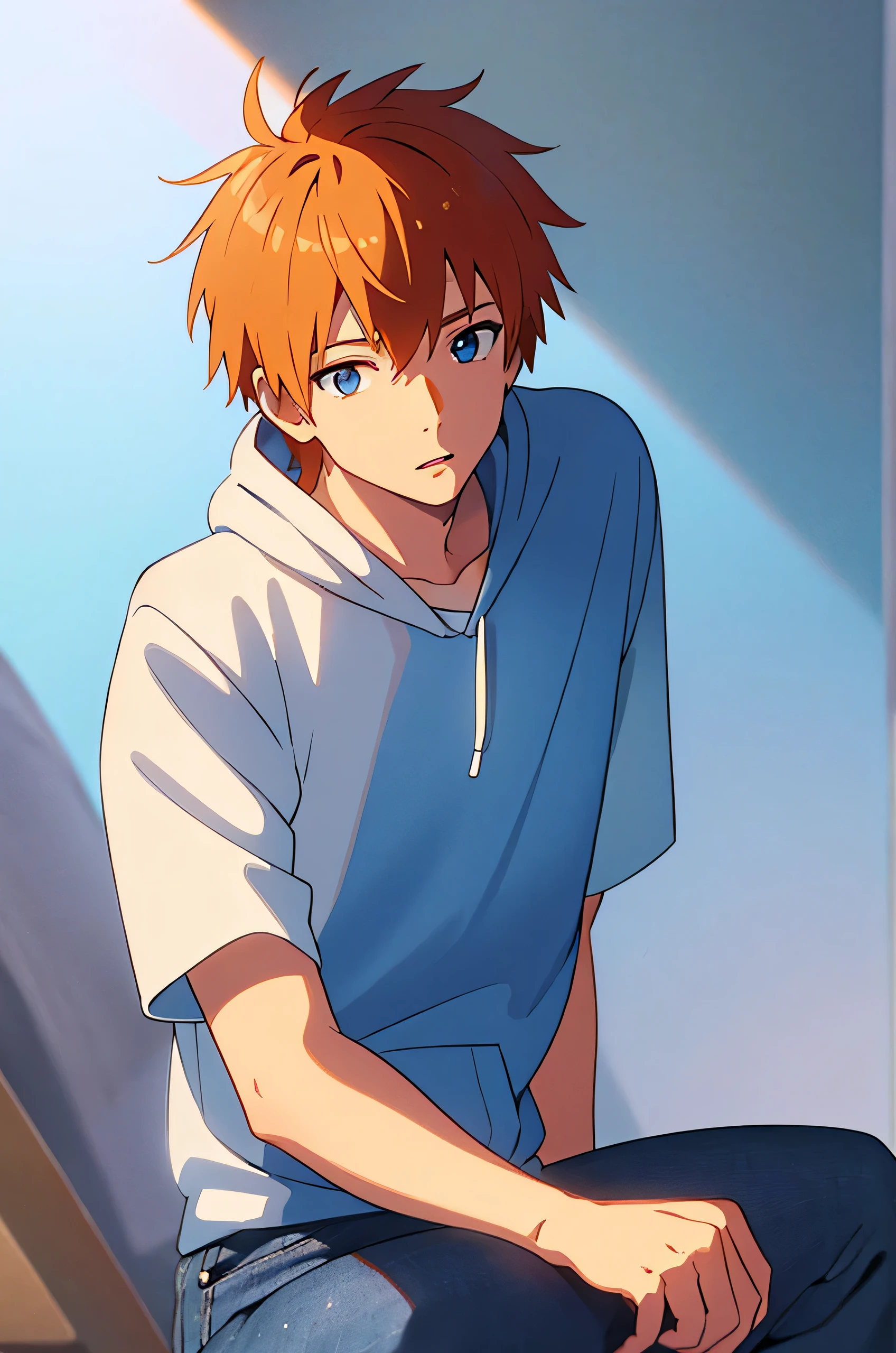 1 guy, bright blue hoodie, blue jeans, short orange hair, blue eyes, light skin, white background, thick outlines