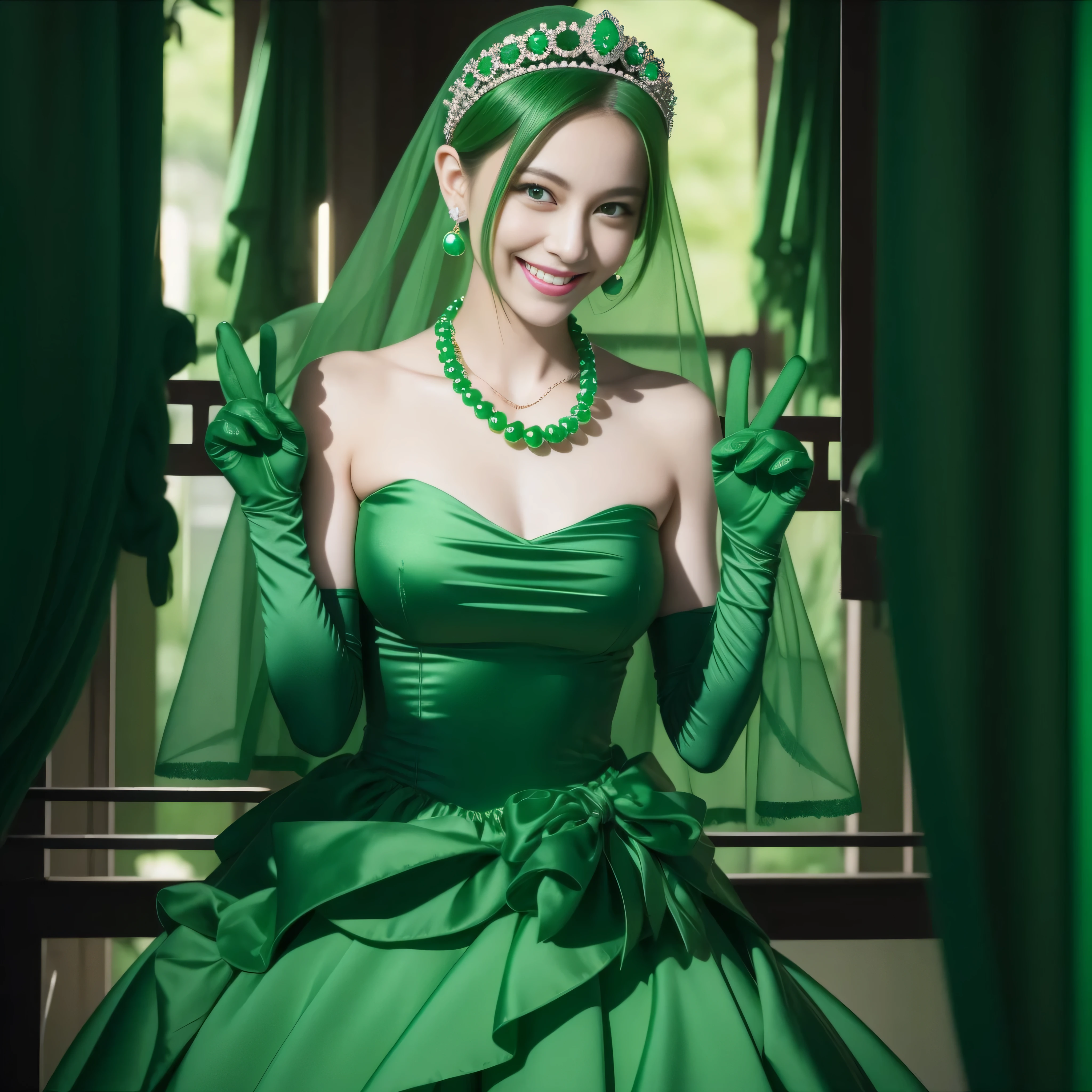 emerald tiara, Green Pearl Necklace, Boyish very short green hair, lipsticks, Japan woman smiling, very short short hair, big breasts beautiful, Green eyes, Long green gloves made of satin material, Green eyes, Emerald Earrings, green vale, v sign