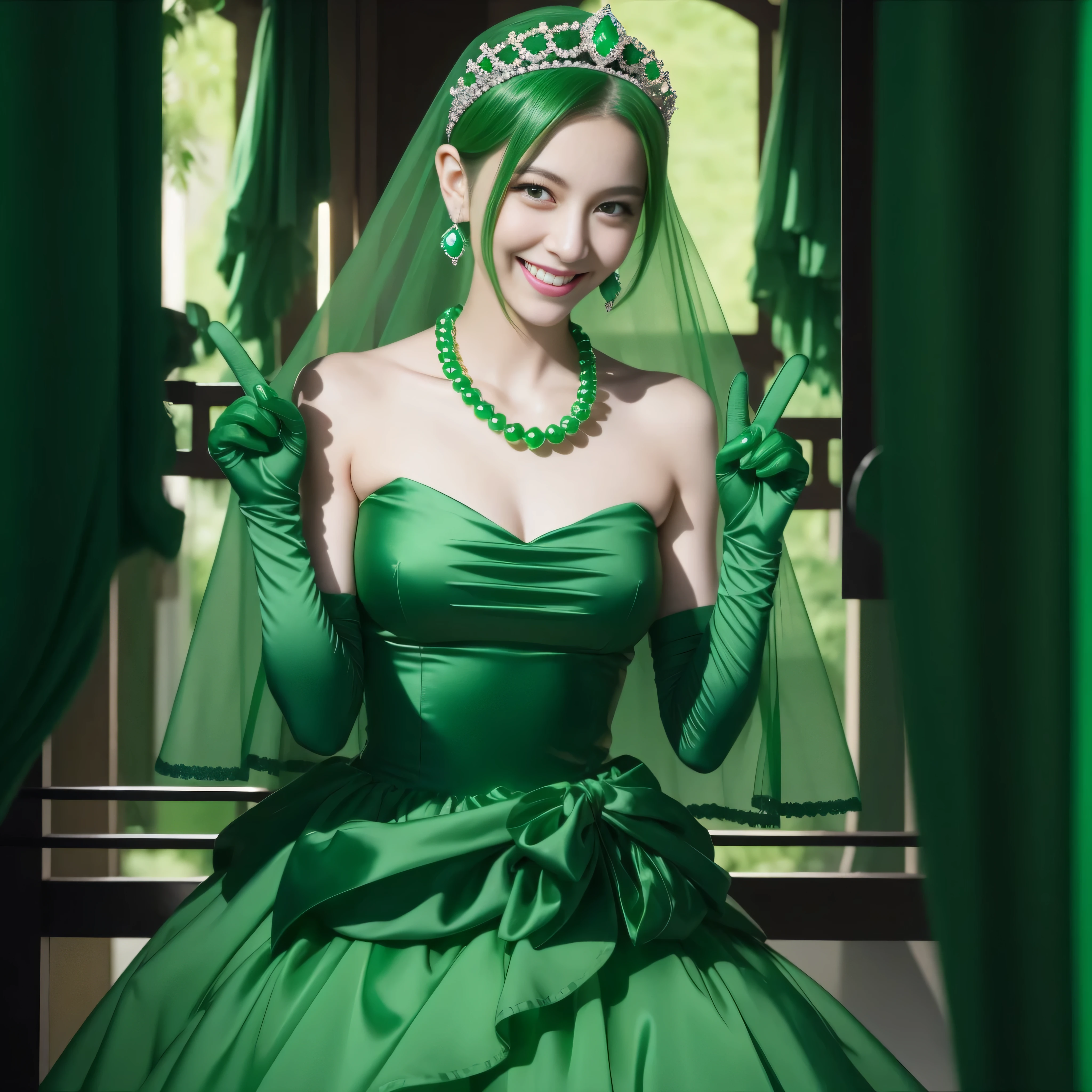 emerald tiara, Green Pearl Necklace, Boyish very short green hair, lipsticks, Japan woman smiling, very short short hair, big breasts beautiful, Green eyes, Long green gloves made of satin material, Green eyes, Emerald Earrings, green vale, v sign