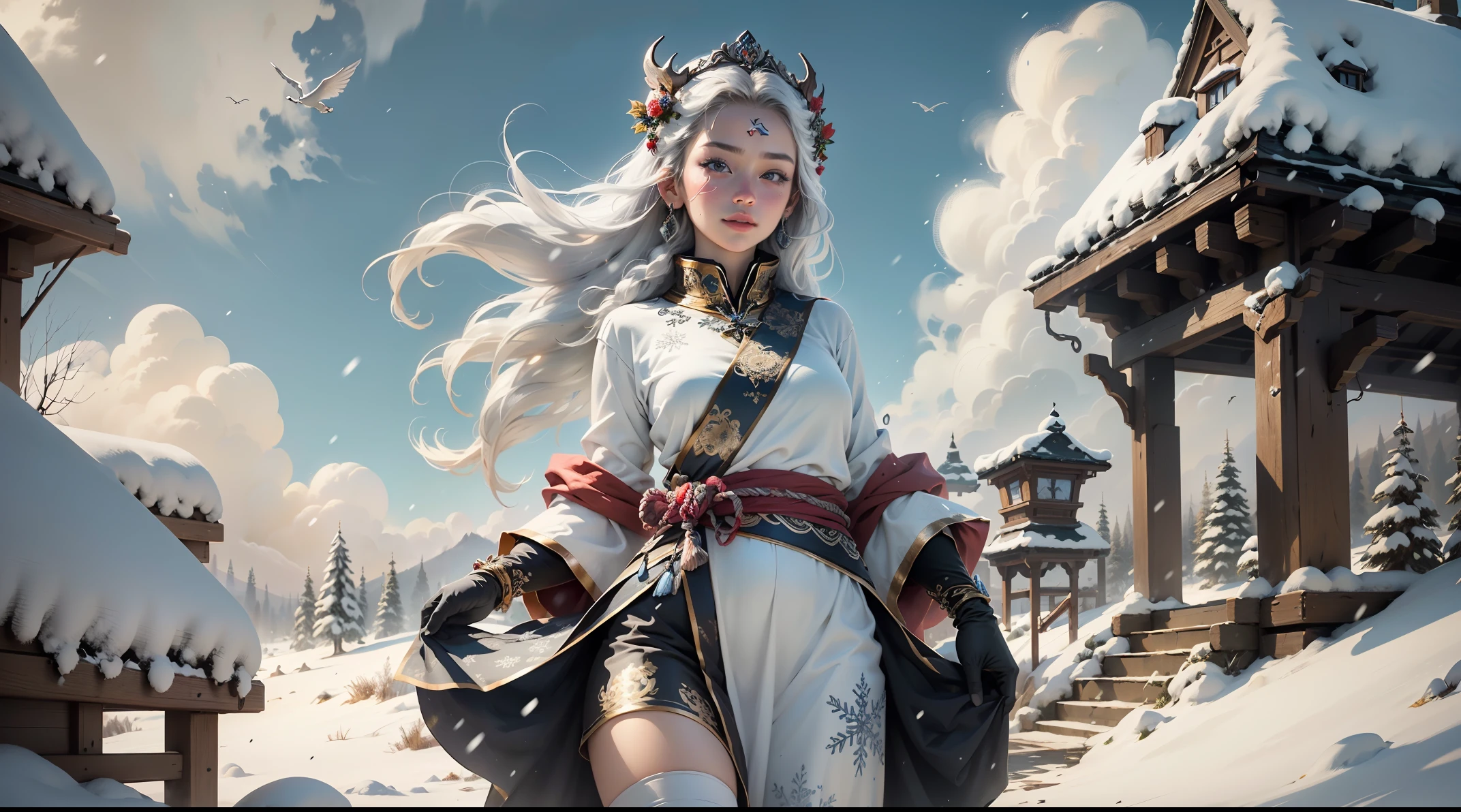 Best texture, high quality, ultra HD, 8K, full body photo, panoramic picture, snow, flying snowflakes, dancing in the snow, girl, full of Miao silver jewelry, Miao clothing, silver phoenix crown, melon seed face, ultra-detailed face, blue eyes, long eyebrows, fair skin, silver long hair, flowing long hair, rising with the wind, snowflake colorful gifts, realistic, very detailed, high detail, ultra-clear,