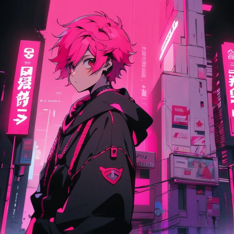 (short-cut), (Two-block hair), (vivid pink hair), (Red Eyes), (Cool pose), (of the highest quality), (masterpiece), (ultra-detailliert), (Oversized hoodies), (Street), (neons), (Camera from a down angle), (Modern City), (neonsデイライト), (Cinematic), (Stylish), (hight resolution), (Hyper Detailed), (Looking at the camera), (Anime-style), (Softtown), (nightcore), (Handsome male character), (Listening to music through headphones), (natural appearance of the building), (casual), (ig studios anime style), (Super beautiful angle of view),