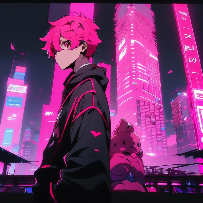 (short-cut), (Two-block hair), (vivid pink hair), (Red Eyes), (Cool pose), (of the highest quality), (​masterpiece), (ultra-detailliert), (Oversized hoodies), (Street), (neons), (Camera from a down angle), (Modern City), (neonsデイライト), (Cinematic), (Stylish), (hight resolution), (Hyper Detailed), (Looking at the camera), (Anime-style), (Softtown), (nightcore), (Handsome male character), (Listening to music through headphones), (natural appearance of the building), (casual), (ig studios anime style), (Super beautiful angle of view),