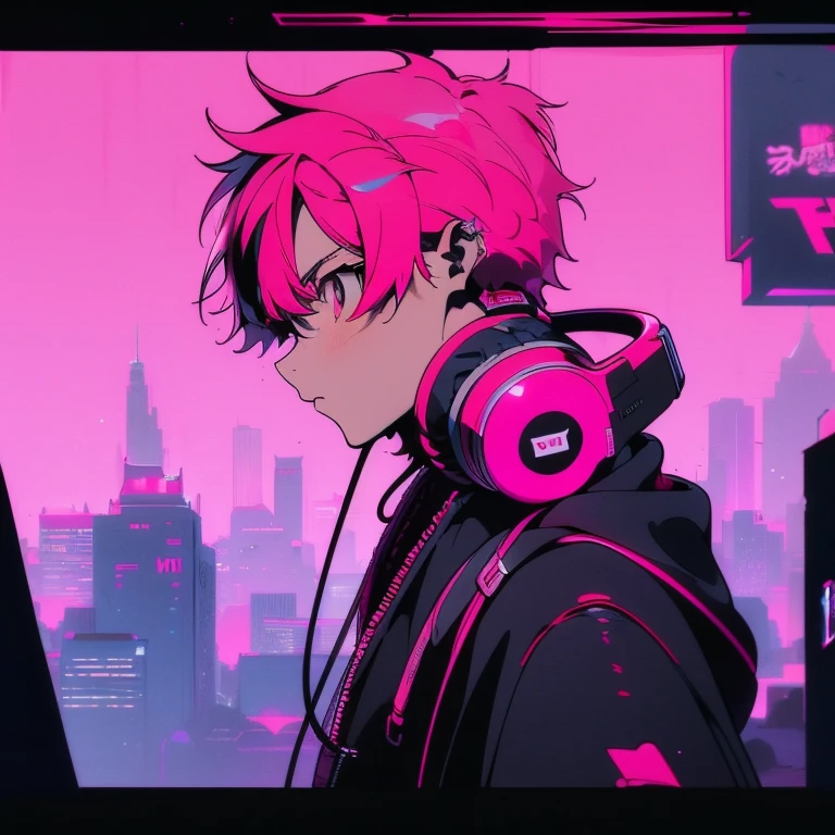 (short-cut), (Two-block hair), (vivid pink hair), (Red Eyes), (Cool pose), (of the highest quality), (​masterpiece), (ultra-detailliert), (Oversized hoodies), (Street), (neons), (Camera from a down angle), (Modern City), (neonsデイライト), (Cinematic), (Stylish), (hight resolution), (Hyper Detailed), (Looking at the camera), (Anime-style), (Softtown), (nightcore), (Handsome male character), (Listening to music through headphones), (natural appearance of the building), (casual), (ig studios anime style), (Super beautiful angle of view),