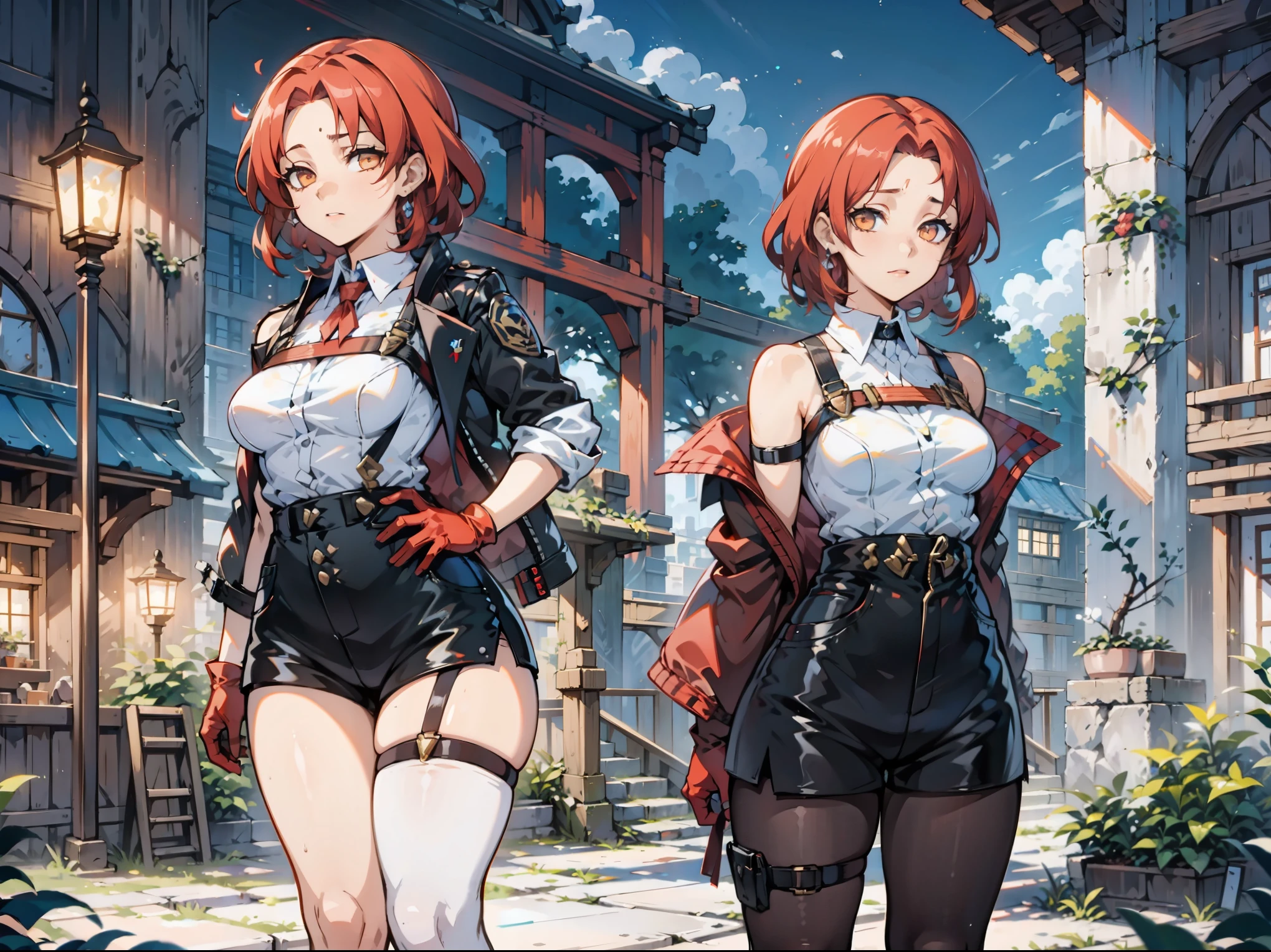 1girl, young woman, solo, short hair, Small hair, (forehead:1.2), yellow eyes, (scarlet red hair), Athletic, muscular, medium breasts, (cropped jacket, black jacket), white shirt, collared shirt, (chest harness, shoulder strap:1.15), black leather shorts, pantyhose 7/8, garter belt, gloves, elegant, looking at viewer, standing, night, masterpiece, best quality, 4k