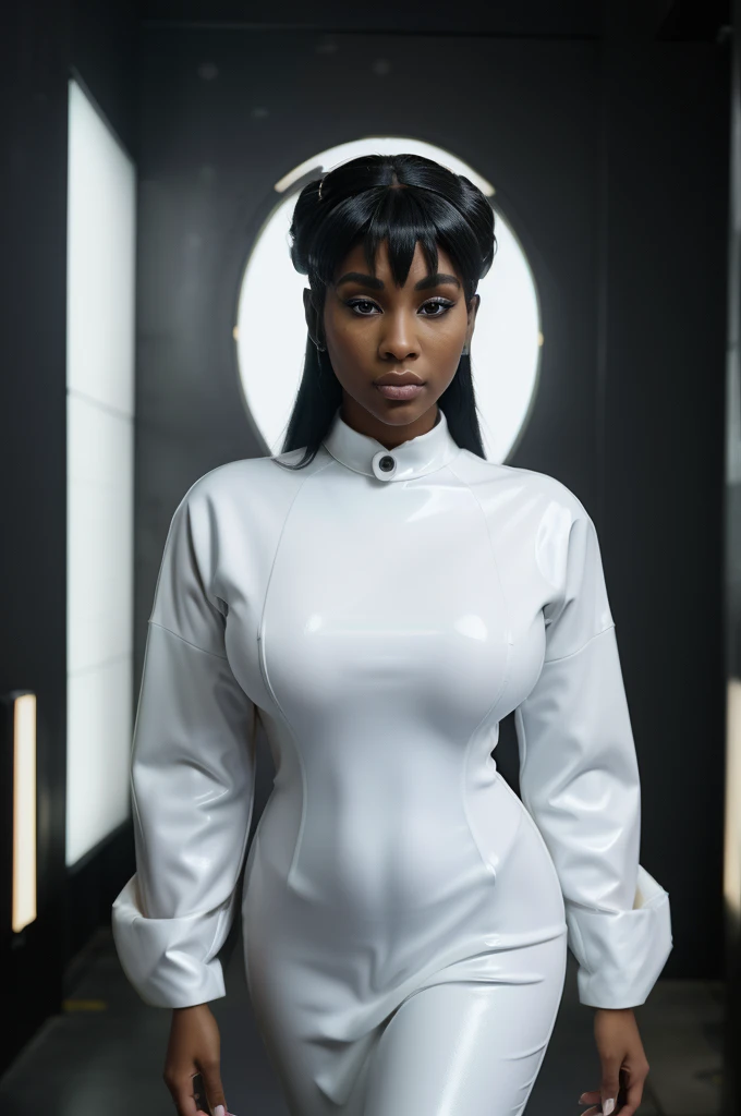 ARTISTIC photography, masterpiece: 1.2), (realistic, photorealistic: 1.37), Movie still from johnny mnemonic movie directed by (Robert Longo), (cyberpunk Corporate Executive, Black Girl, wearing a futuristic KImono), ebony woman ((Nikki Minaj)), over-detailed face, beautiful body, voluptuous, perky breast (( dressed in a Futuristic minimalist latex business dress )), (((over-detailed clothing))), (((the color of the clothes is white))), posing, in a dense walled city (kowloon) as background, 8k, best quality
