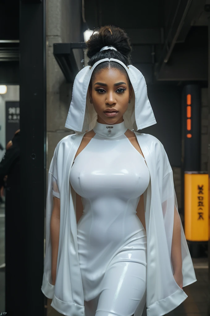 ARTISTIC photography, masterpiece: 1.2), (realistic, photorealistic: 1.37), Movie still from johnny mnemonic movie directed by (Robert Longo), (cyberpunk Corporate Executive, Black Girl, wearing a futuristic KImono), ebony woman ((Nikki Minaj)), over-detailed face, beautiful body, voluptuous, perky breast (( dressed in a Futuristic minimalist latex business dress )), (((over-detailed clothing))), (((the color of the clothes is white))), posing, in a dense walled city (kowloon) as background, 8k, best quality