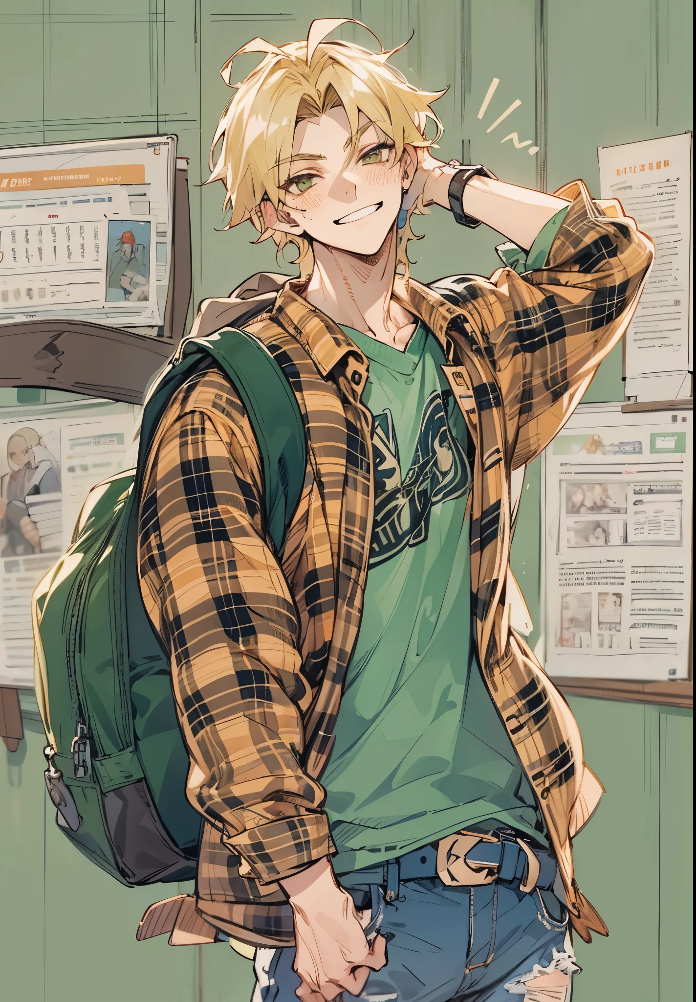 1male, Teen, Blonde hair, amber eyes, smirk, backpack, flannel shirt, ripped jeans, earring, school background