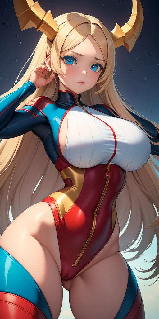 Create a beautiful girl with big breasts, blue eyes and long light brown hair wearing a tight-fitting jumpsuit with white and red stripes and an Autobots-style dragon symbol. (obra-prima: 1.2, melhor qualidade), (olhos bonitos finamente detalhados: 1.2), uma com um rabo de cavalo
