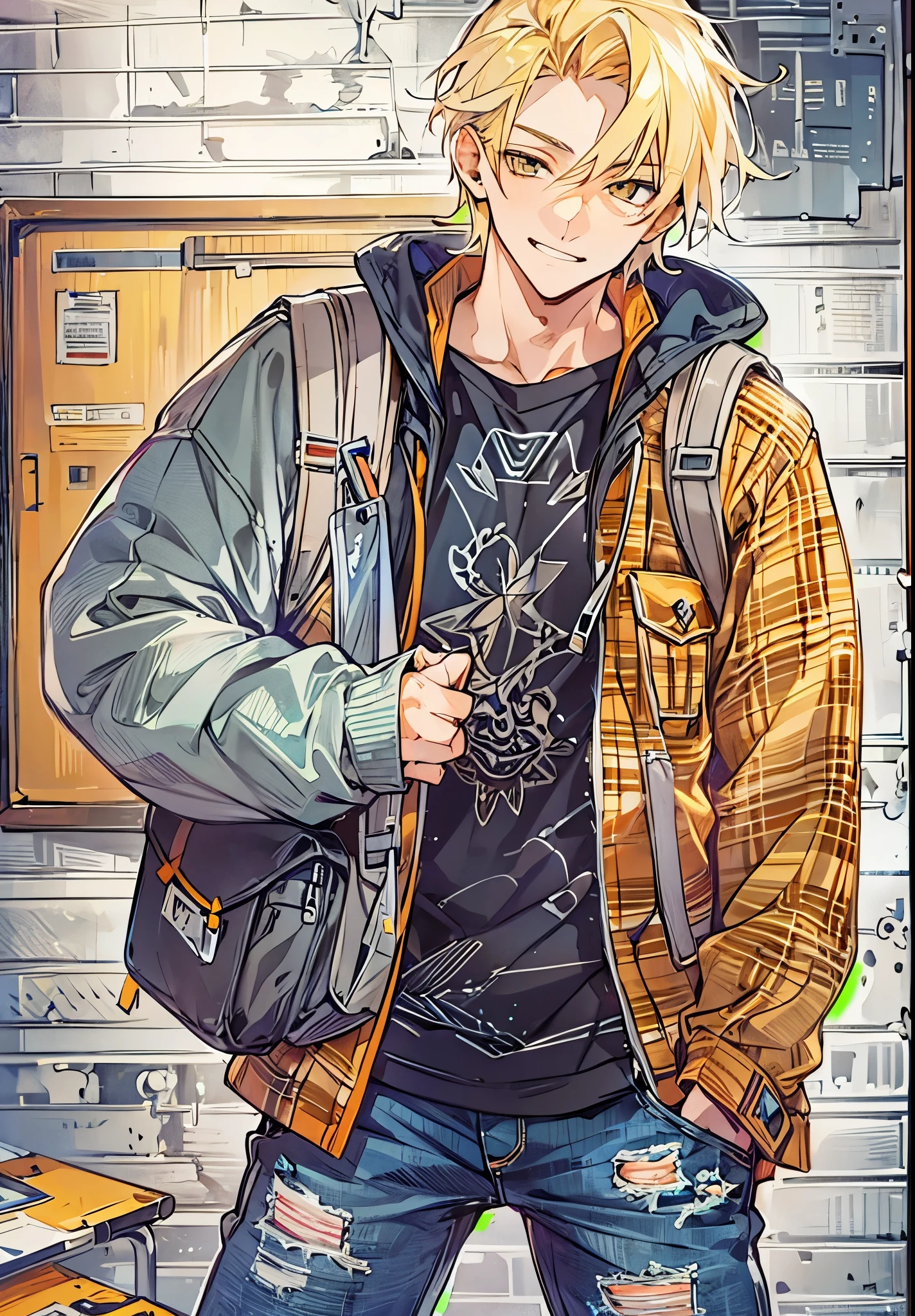 1male, Teen, Blonde hair, amber eyes, smirk, backpack, flannel shirt, ripped jeans, earring, school background