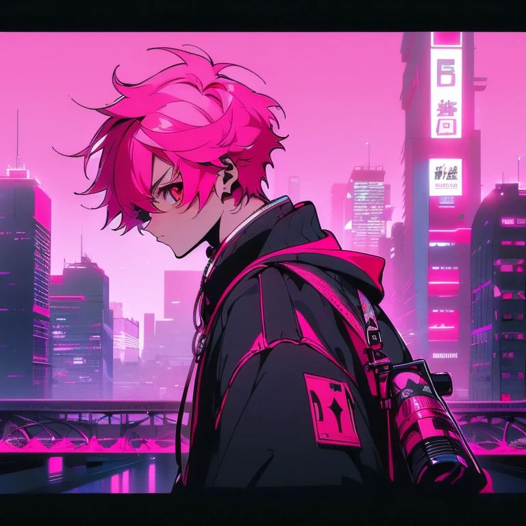 (short-cut), (Two-block hair), (vivid pink hair), (Red Eyes), (Cool pose), (of the highest quality), (masterpiece), (ultra-detailliert), (Oversized hoodies), (Street), (neons), (Camera from a down angle), (Modern City), (neonsデイライト), (Cinematic), (Stylish), (hight resolution), (Hyper Detailed), (Looking at the camera), (Anime-style), (Softtown), (nightcore), (Handsome male character), (Listening to music through headphones), (natural appearance of the building), (casual), (ig studios anime style), (Super beautiful angle of view),