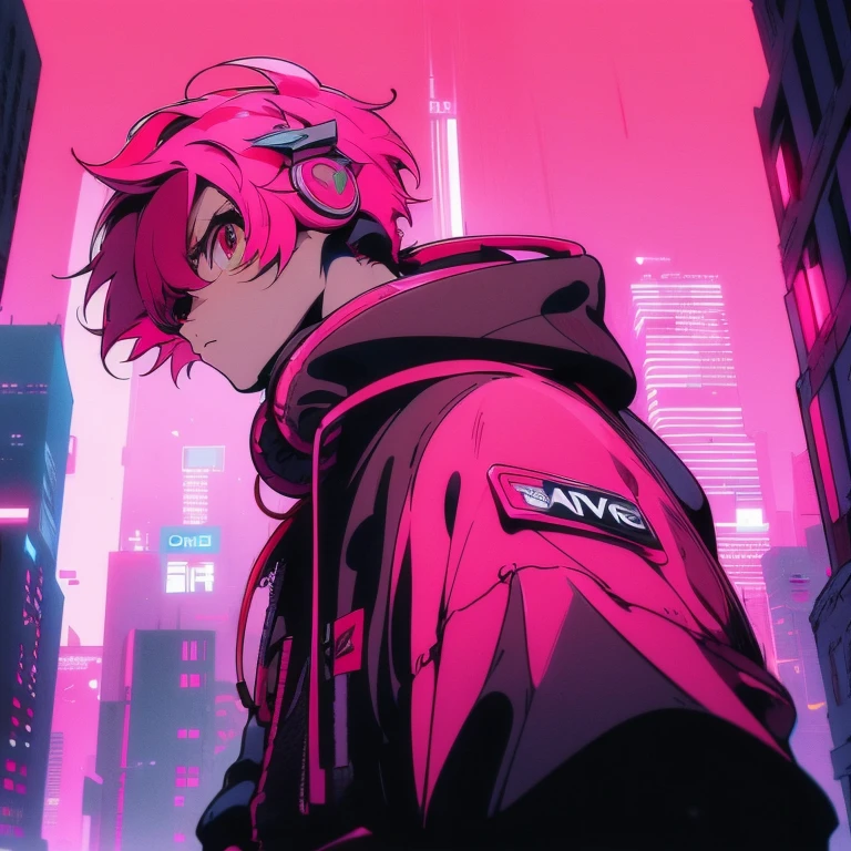 (short-cut), (Two-block hair), (vivid pink hair), (Red Eyes), (Cool pose), (of the highest quality), (​masterpiece), (ultra-detailliert), (Oversized hoodies), (Street), (neons), (Camera from a down angle), (Modern City), (neonsデイライト), (Cinematic), (Stylish), (hight resolution), (Hyper Detailed), (Looking at the camera), (Anime-style), (Softtown), (nightcore), (Handsome male character), (Listening to music through headphones), (natural appearance of the building), (casual), (ig studios anime style), (Super beautiful angle of view),