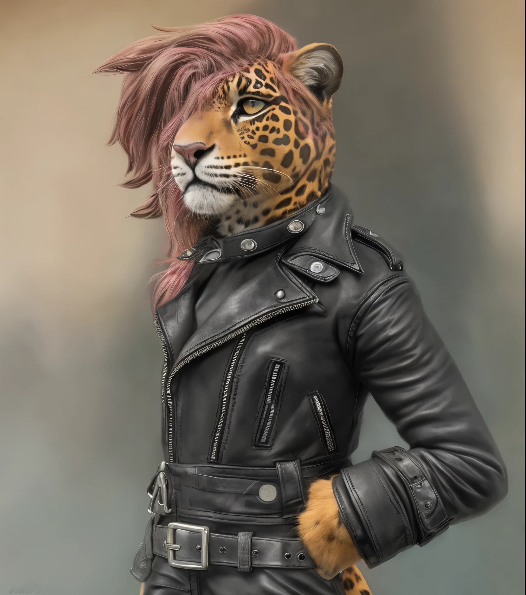 anthro jaguar woman furry leather jacket detailed fur long fur long hair realistic fur digital art