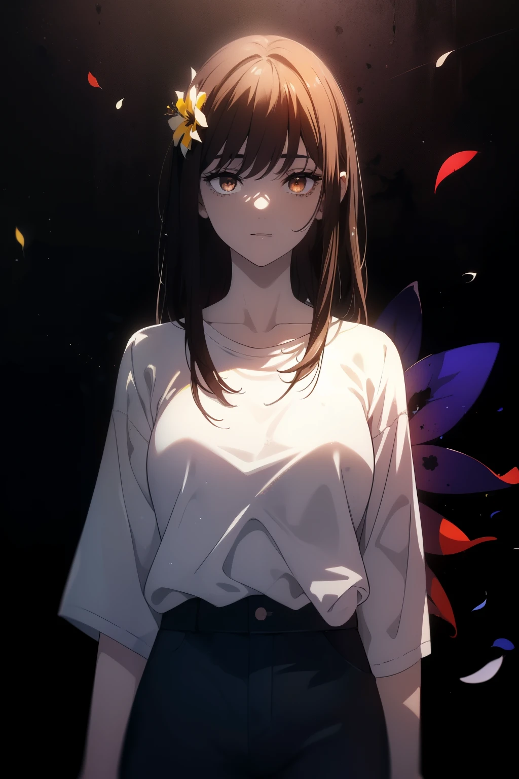 ((((Obra maestra, La mejor calidad, ultrahigh resolution)))), 1girl, standing, (baggy white t-shirt, loose fitting blue shorts), long back hair, long dark black hair, pale skin, ((shining brown eyes)), ((ultra detailed eyes:1, beautiful and detailed face, detailed eyes:0.5)), empty eyes, smile, (((black background, LSD flowers)))