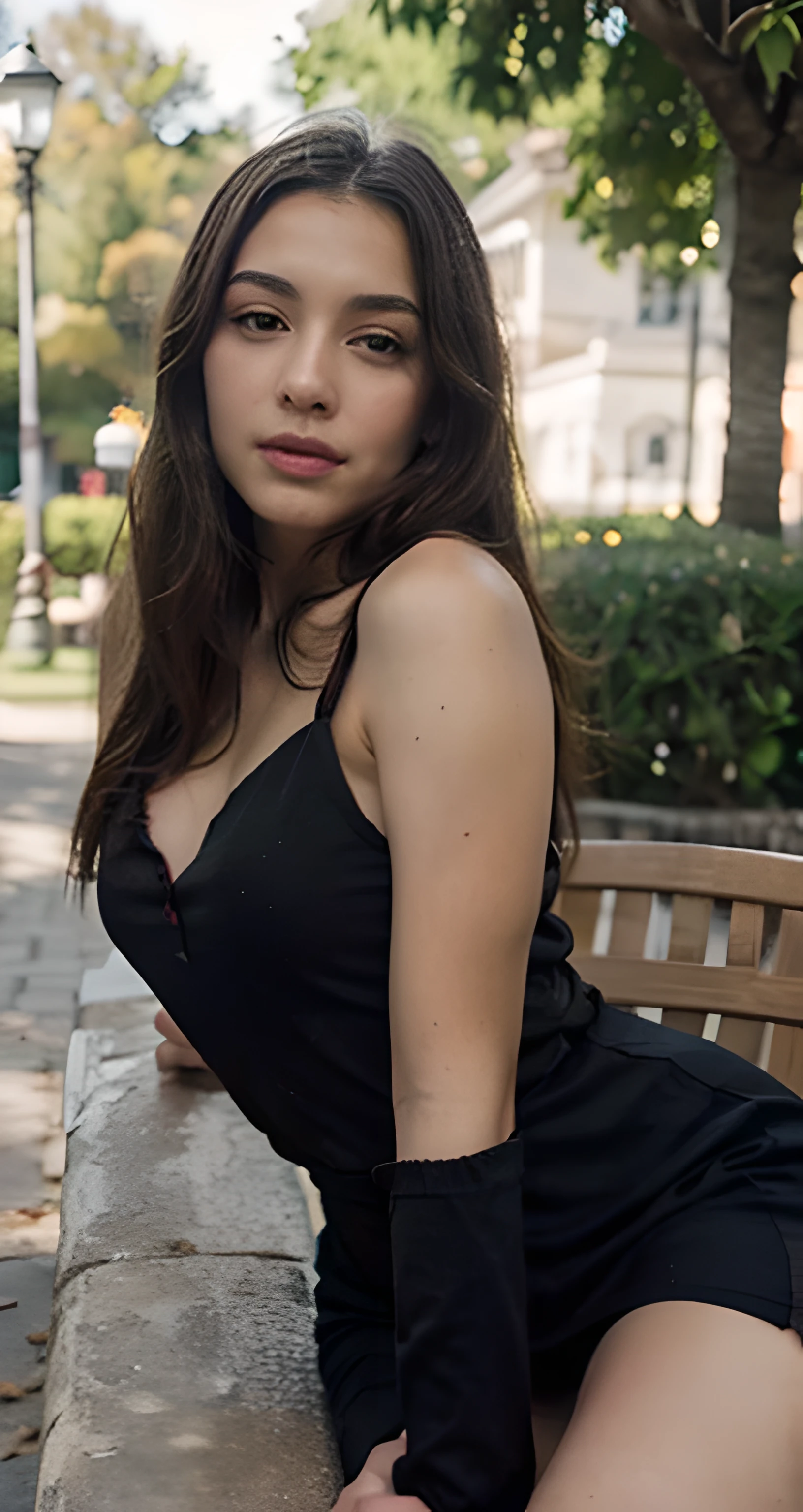 23 year old hyperrealistic Latin girl, Foto de medio cuerpo, Ultra Definition, (fotorrealista: 1.4), 8k, Calidad Premier, Fondos detallados, cara delicada, Maquillaje natural, Foto RAW, iPhone, HDR, Coqueteando con el espectador, Sentado en un parque, con un vestido negro.