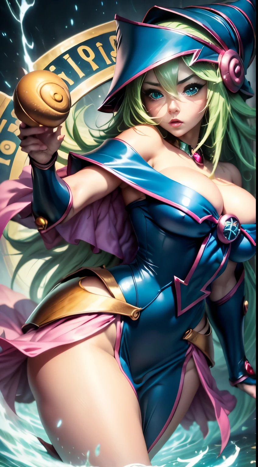 Hermosa joven dark magician gils con cabello rubio y ojos verdes、Anime style、small boobs. Pose sujestiva y . Cara de inocencia cuerpo de pecado. Fondo de magia. Circulos magicos.