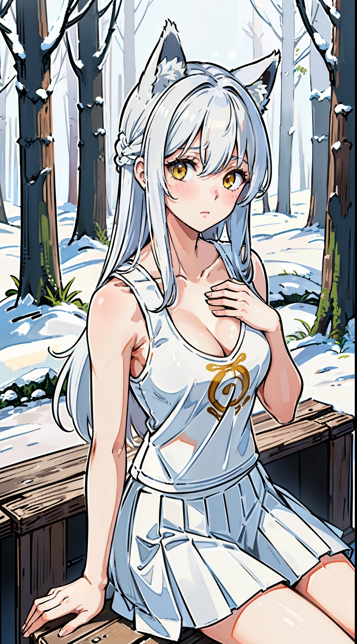 1girl,solo,medium breasts,mature female,((white sleeveless and shoulderless t-shirt,cleavage, white pleated skirt)),silver hair,long hair,yellow eyes,fox ears,((sitting in snow,in a Forest)),from front,cowboy shot,(hands om chest),shy,blush