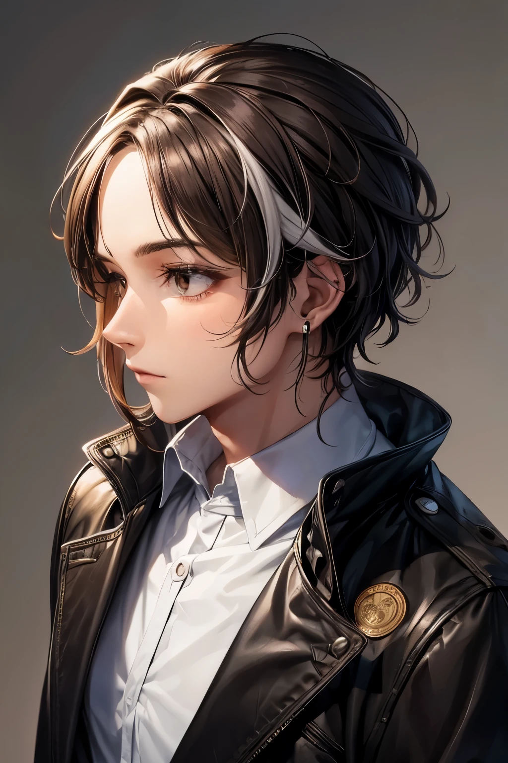 man, 25 years old, brown medium split hair, white streak, brown eyes, black overcoat, ear piercings
